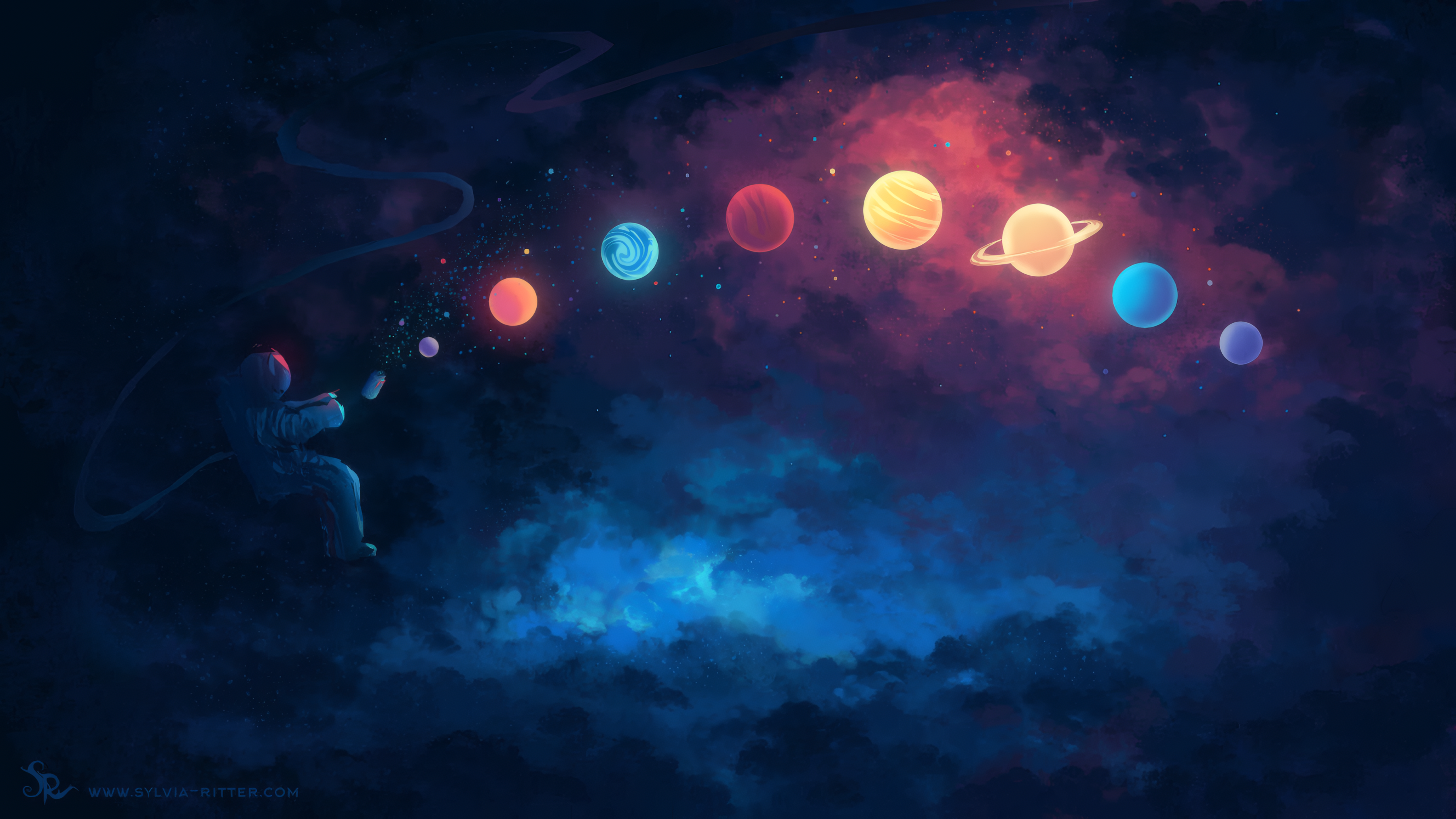 Astronaut painting planets in a colorful nebula HD Wallpaper