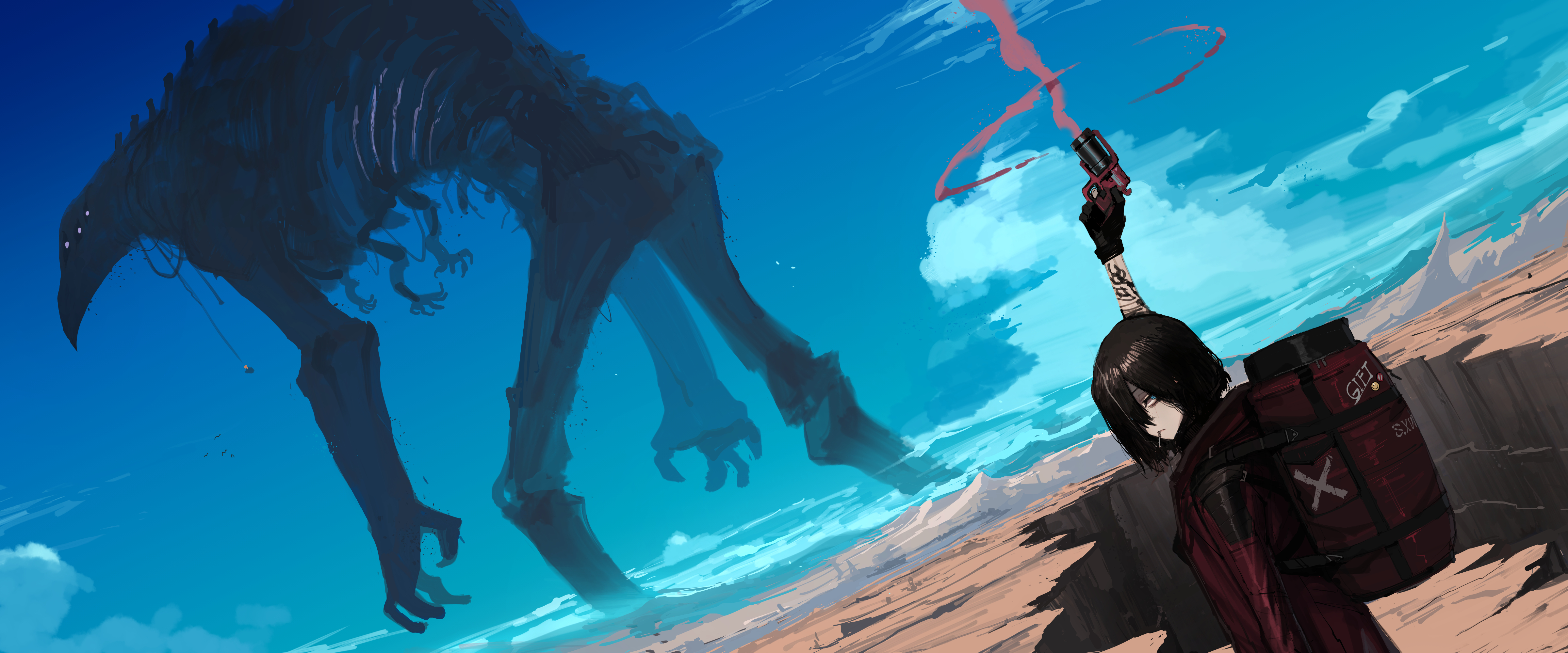 Creature and female character with gun in desert HD Wallpaper