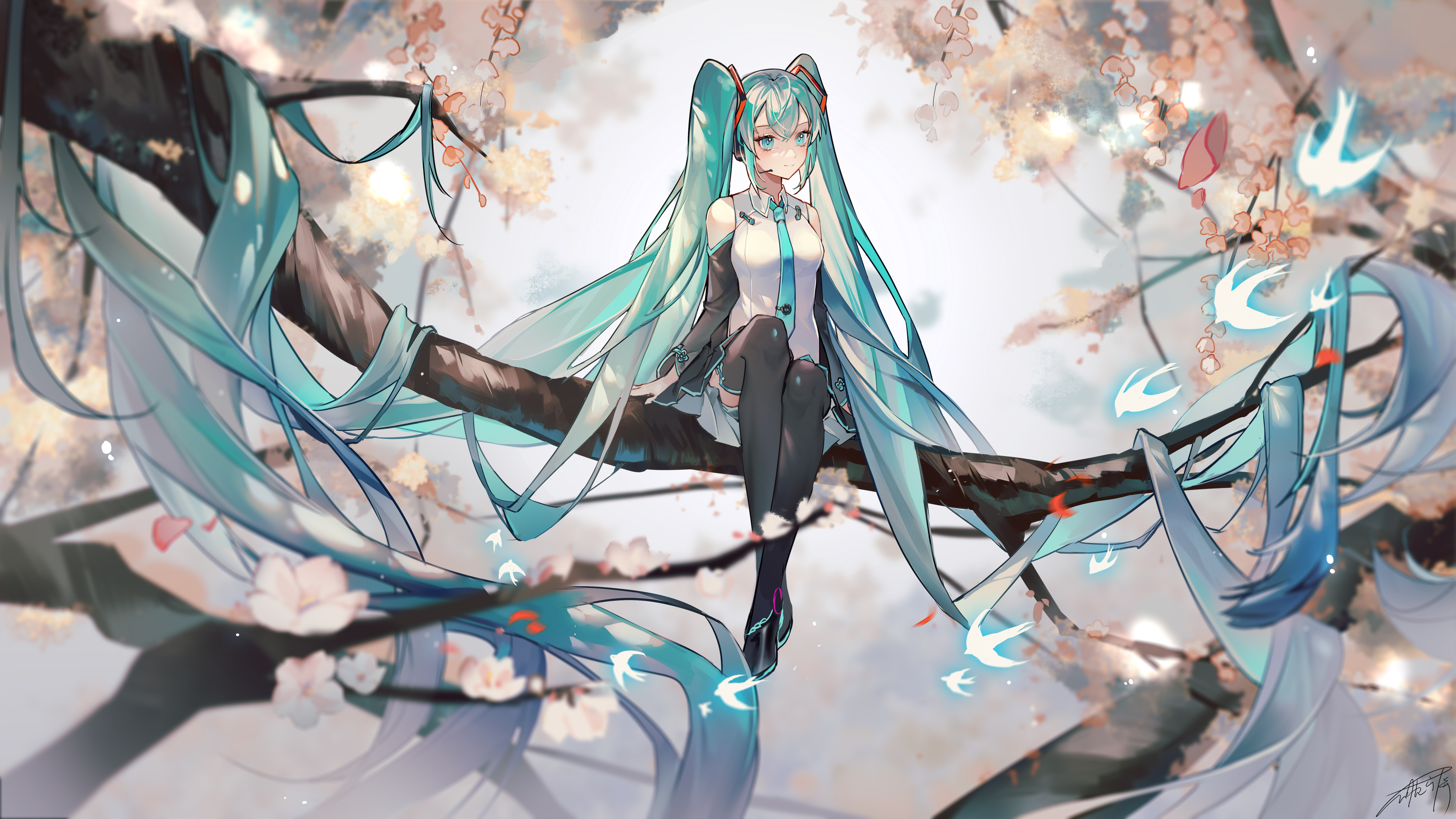 Hatsune Miku sitting on a tree branch with cherry blossoms HD Wallpaper