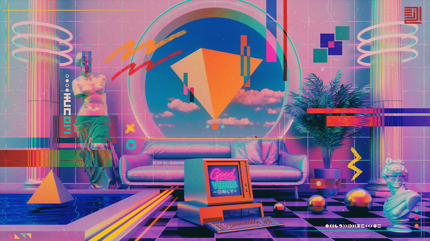 Synthwave living room with retro computer and statue HD Wallpaper