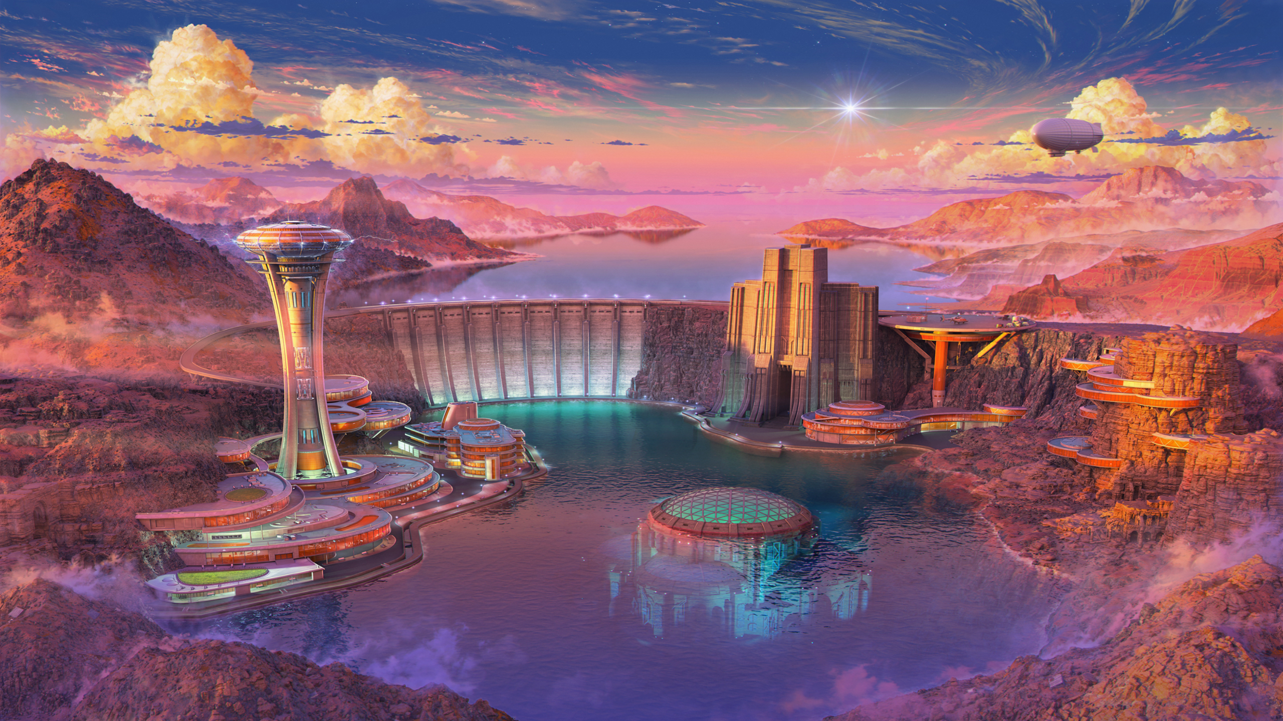 Airships over a futuristic dam at sunset HD Wallpaper