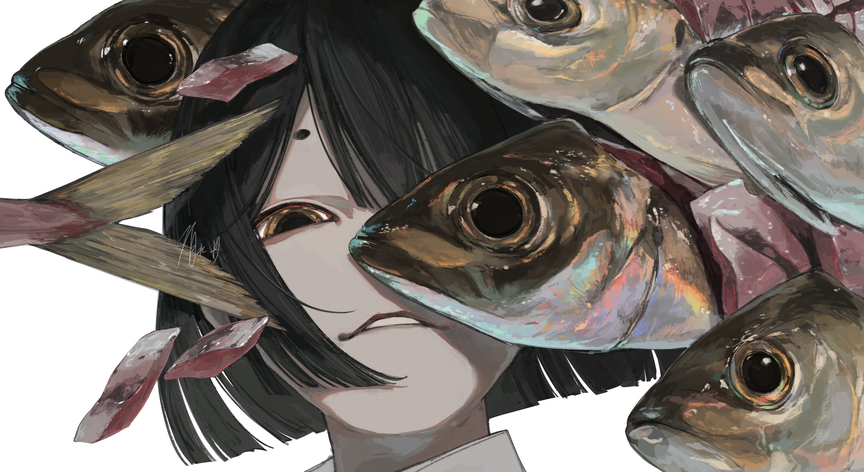 Anime girl with fish surrounding her face HD Wallpaper