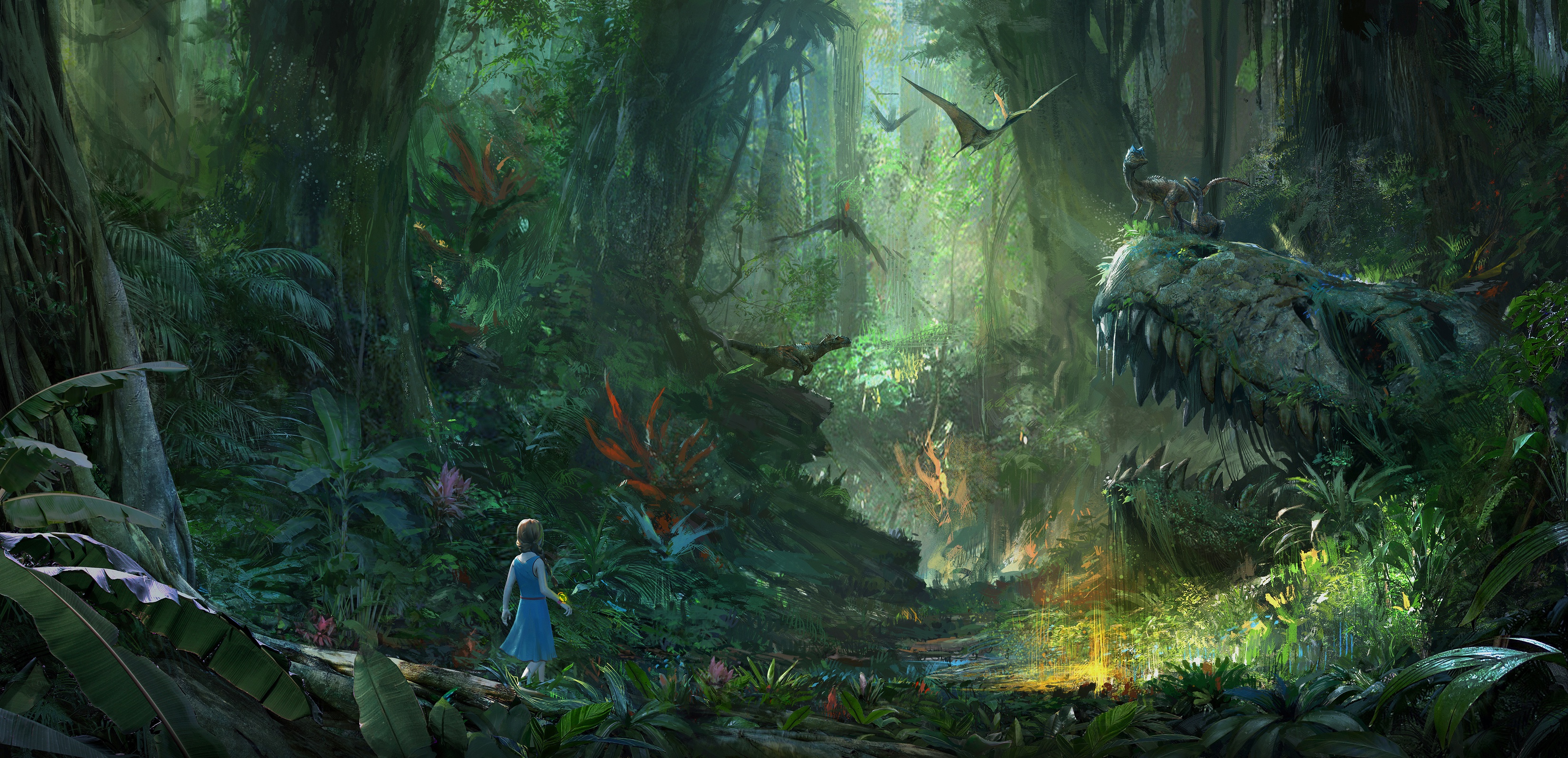 Girl in a prehistoric jungle with dinosaurs and pterodactyls HD Wallpaper