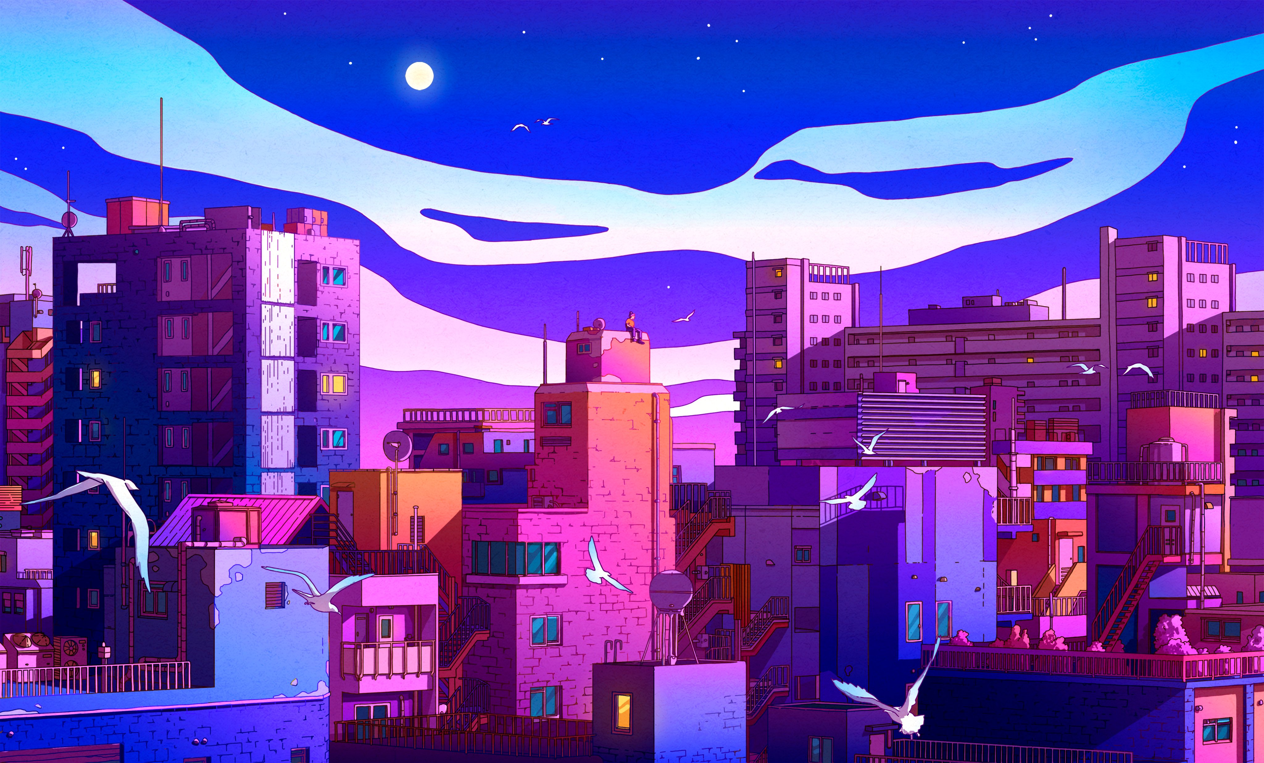 Cityscape at Dusk with Flying Birds HD Wallpaper