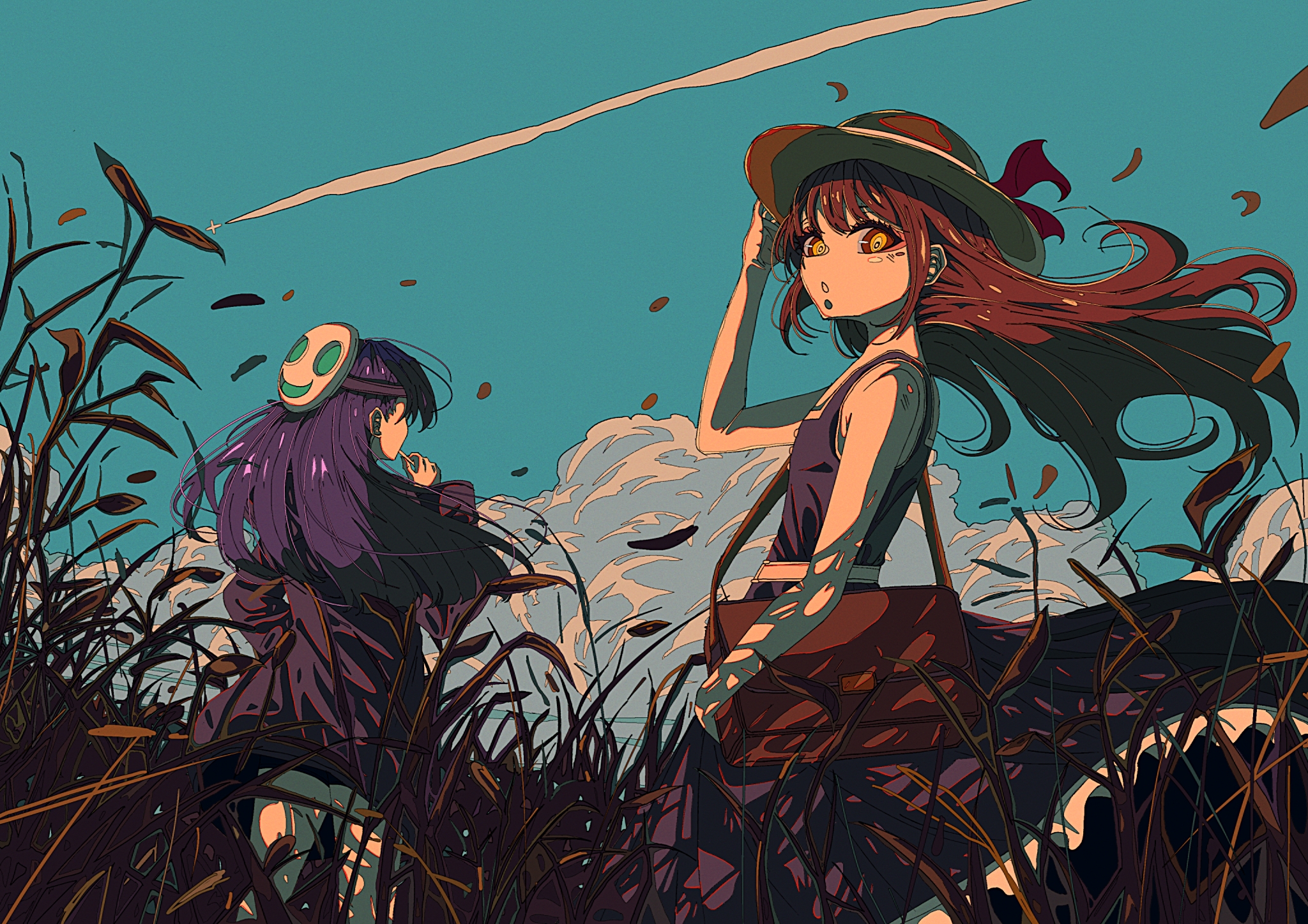 Anime girls in a field with leaves HD Wallpaper