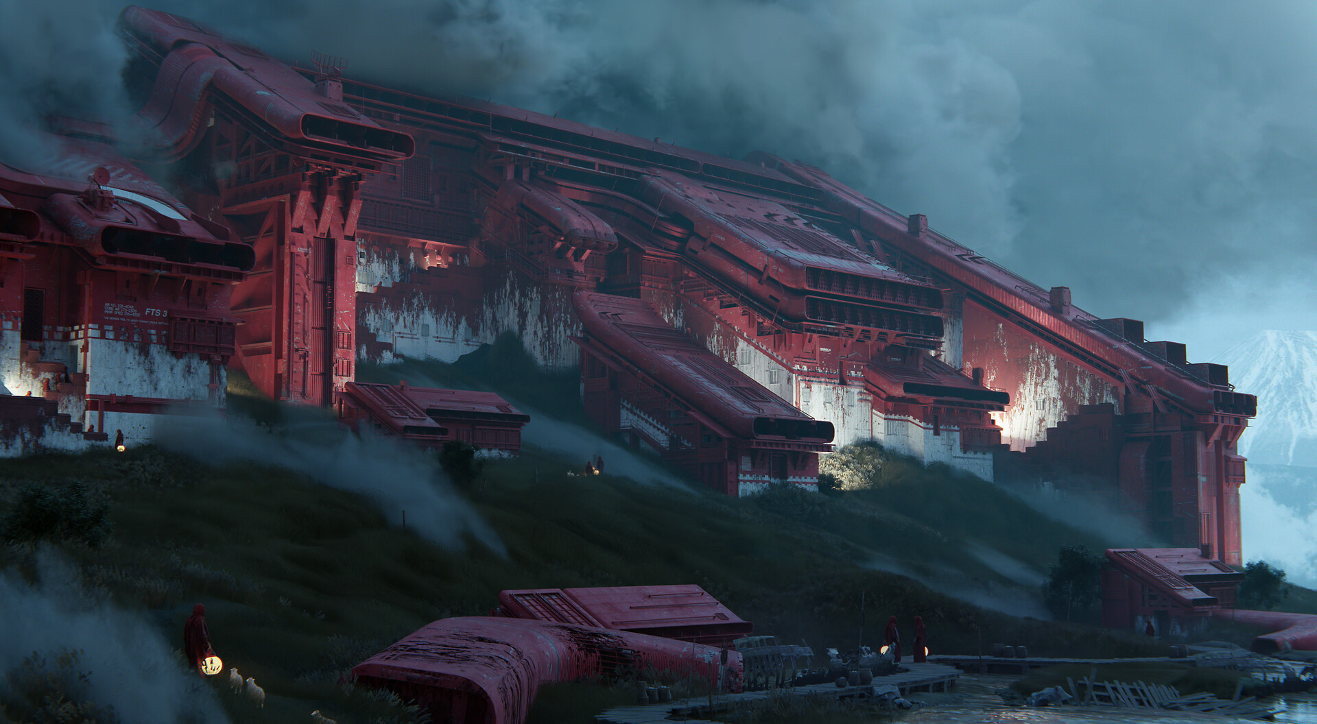 Massive Red Industrial Structure on a Hillside HD Wallpaper