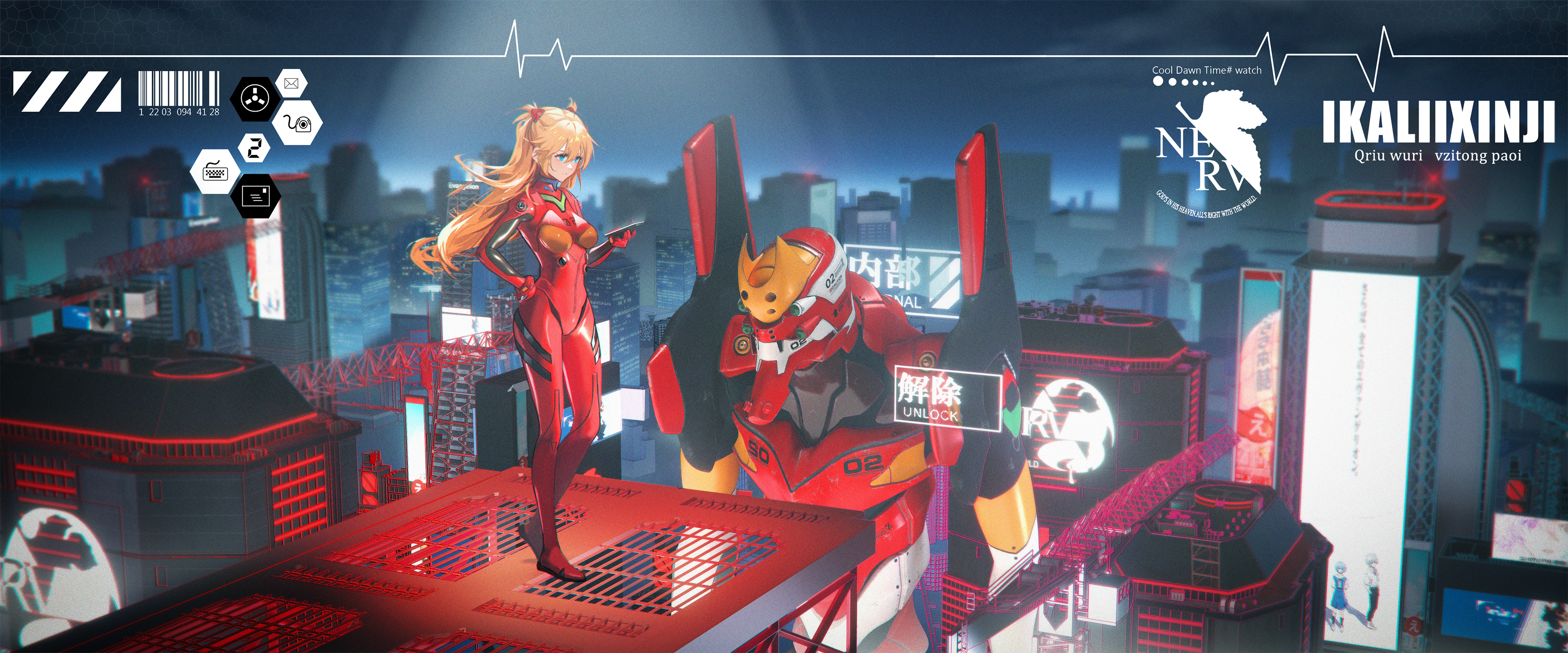 Asuka Langley Soryu and EVA Unit 02 in a futuristic city HD Wallpaper