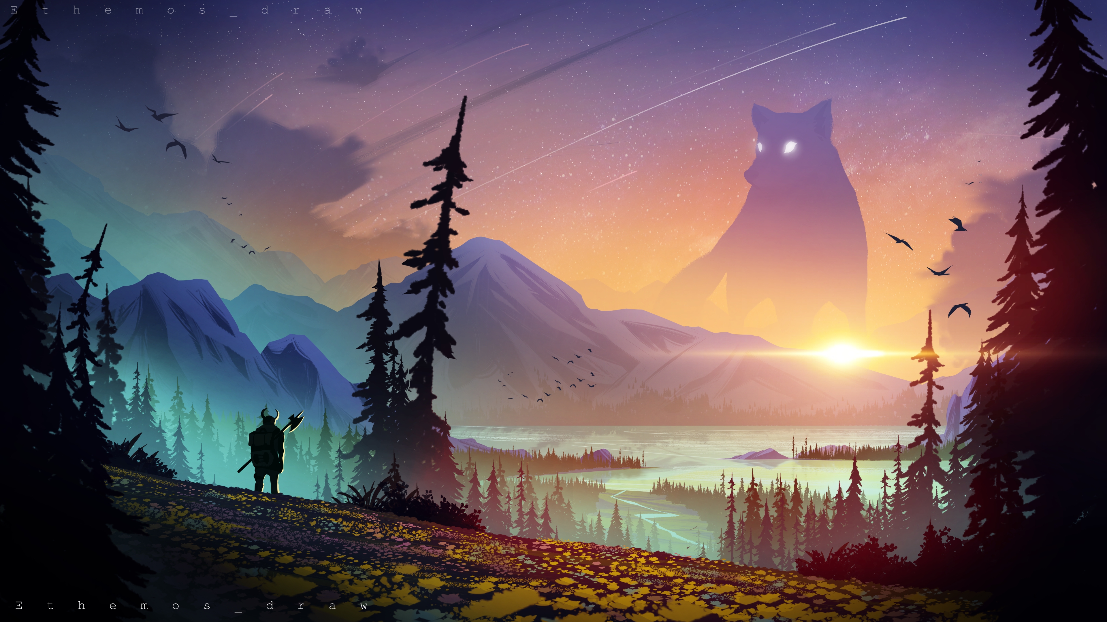 Giant cat-like creature watches over a man in a fantasy landscape HD Wallpaper