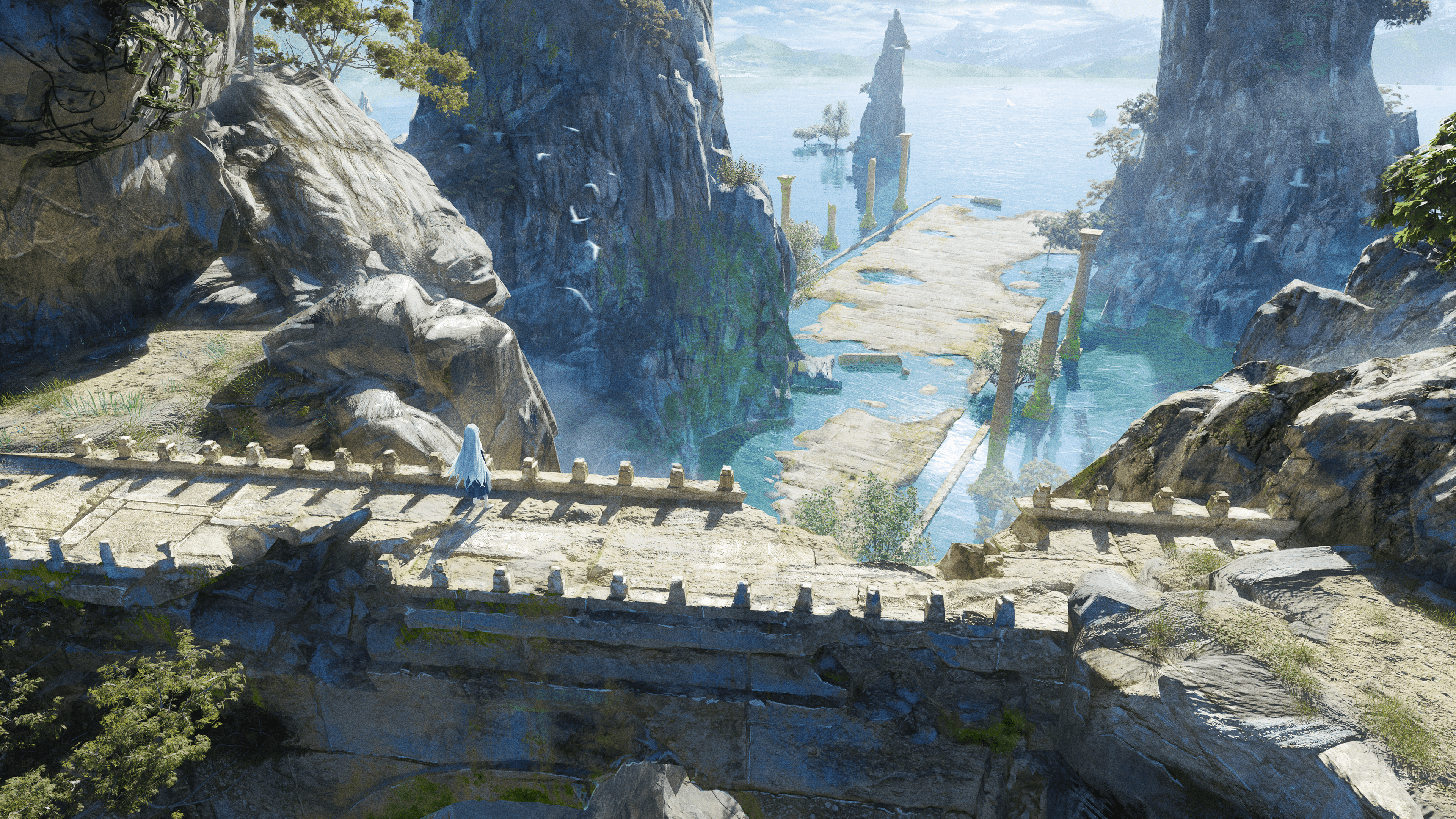 Anime girl on a stone bridge over a river HD Wallpaper