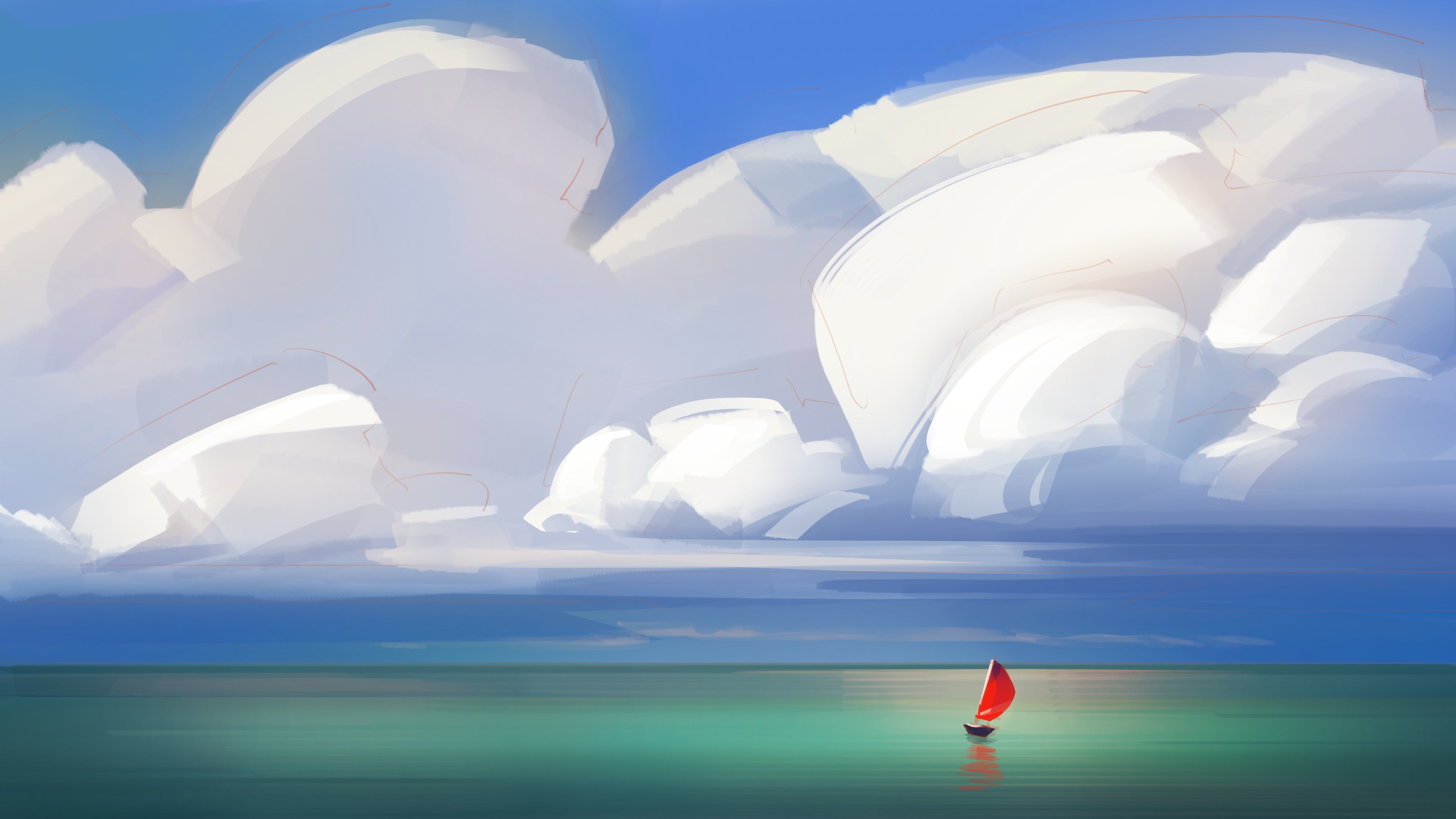A sailboat with a red sail on the sea under clouds HD Wallpaper
