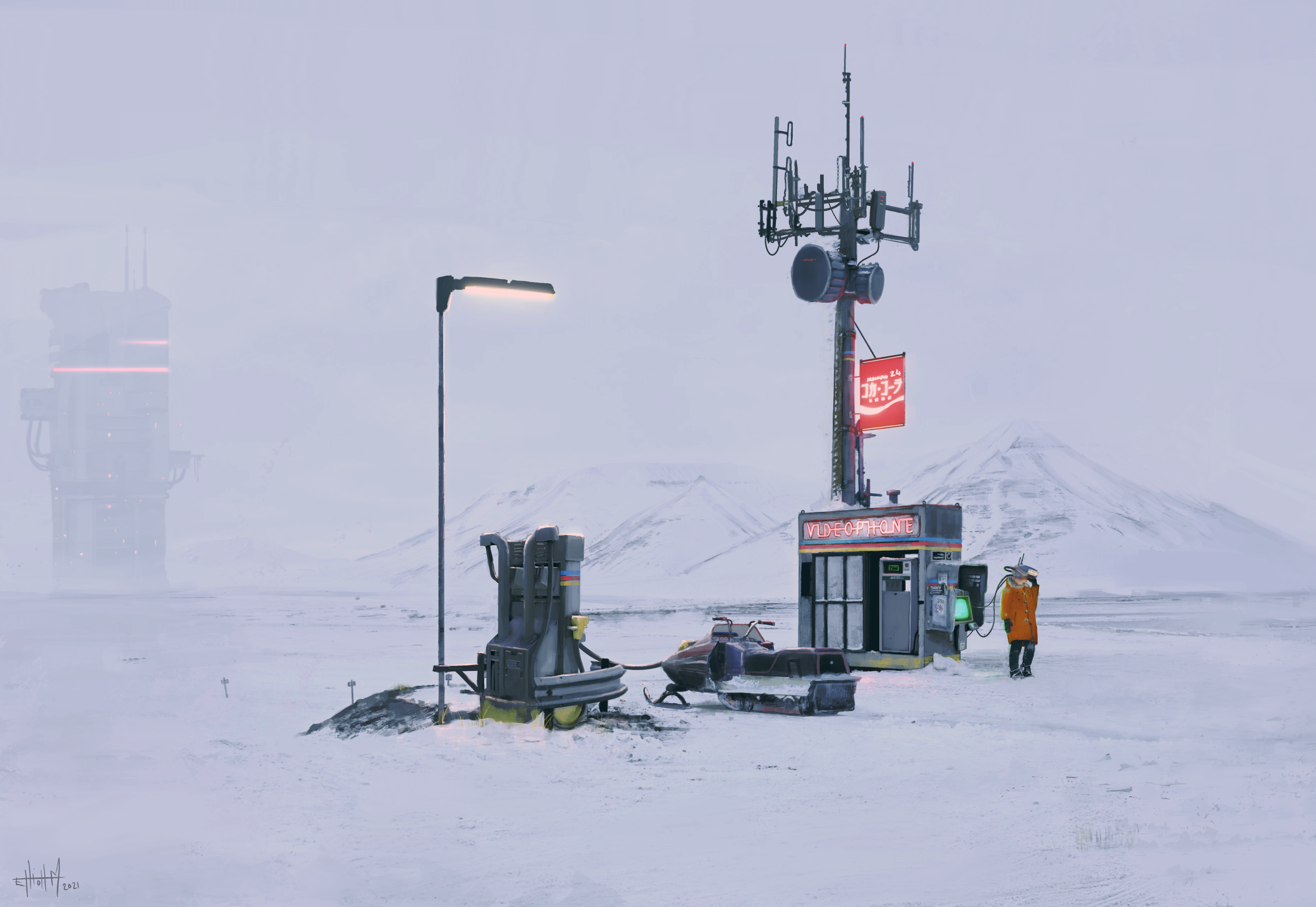 Snowmobile and communication tower in a snowy landscape HD Wallpaper