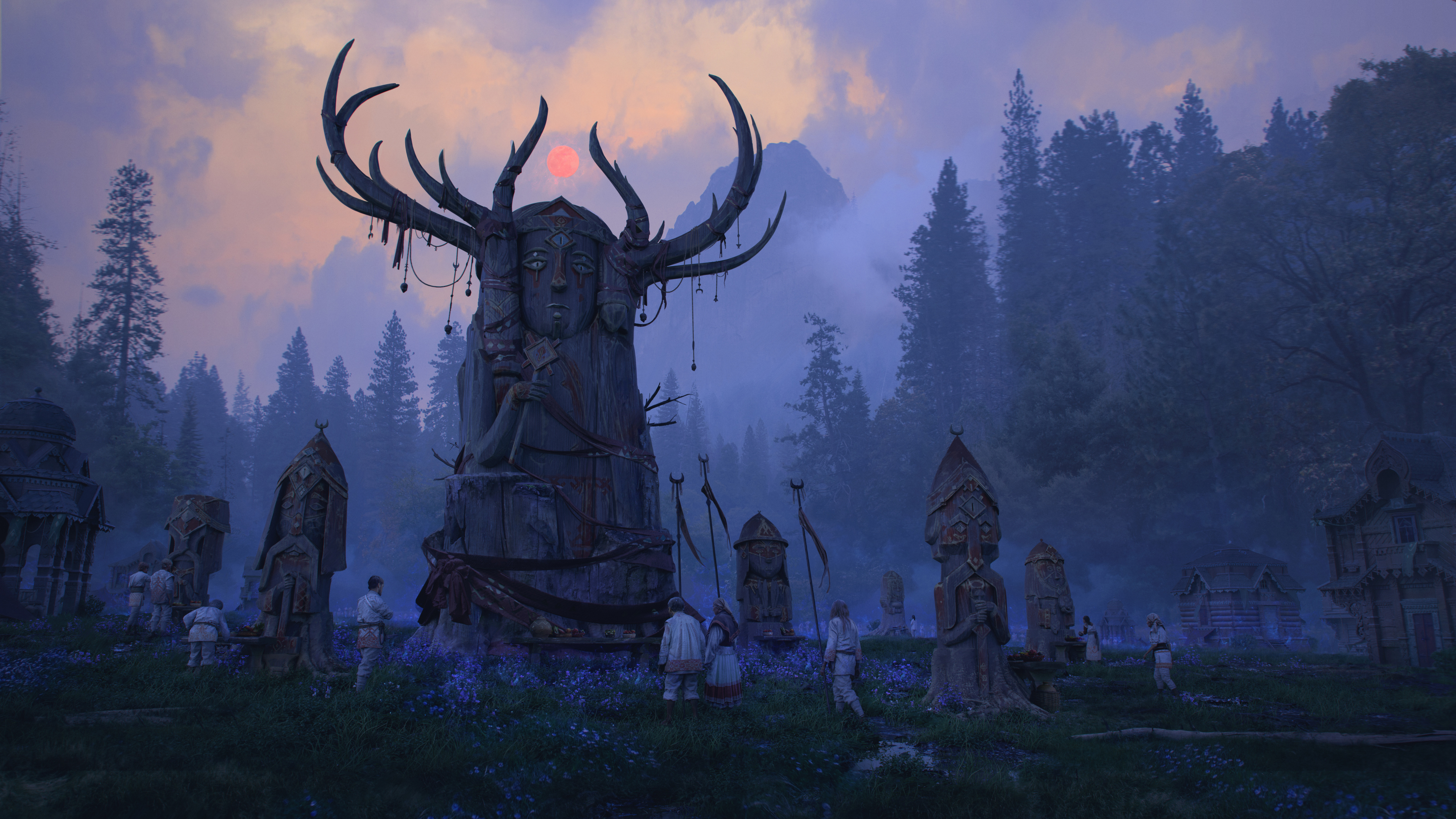 People gather at a large antlered statue during sunset HD Wallpaper