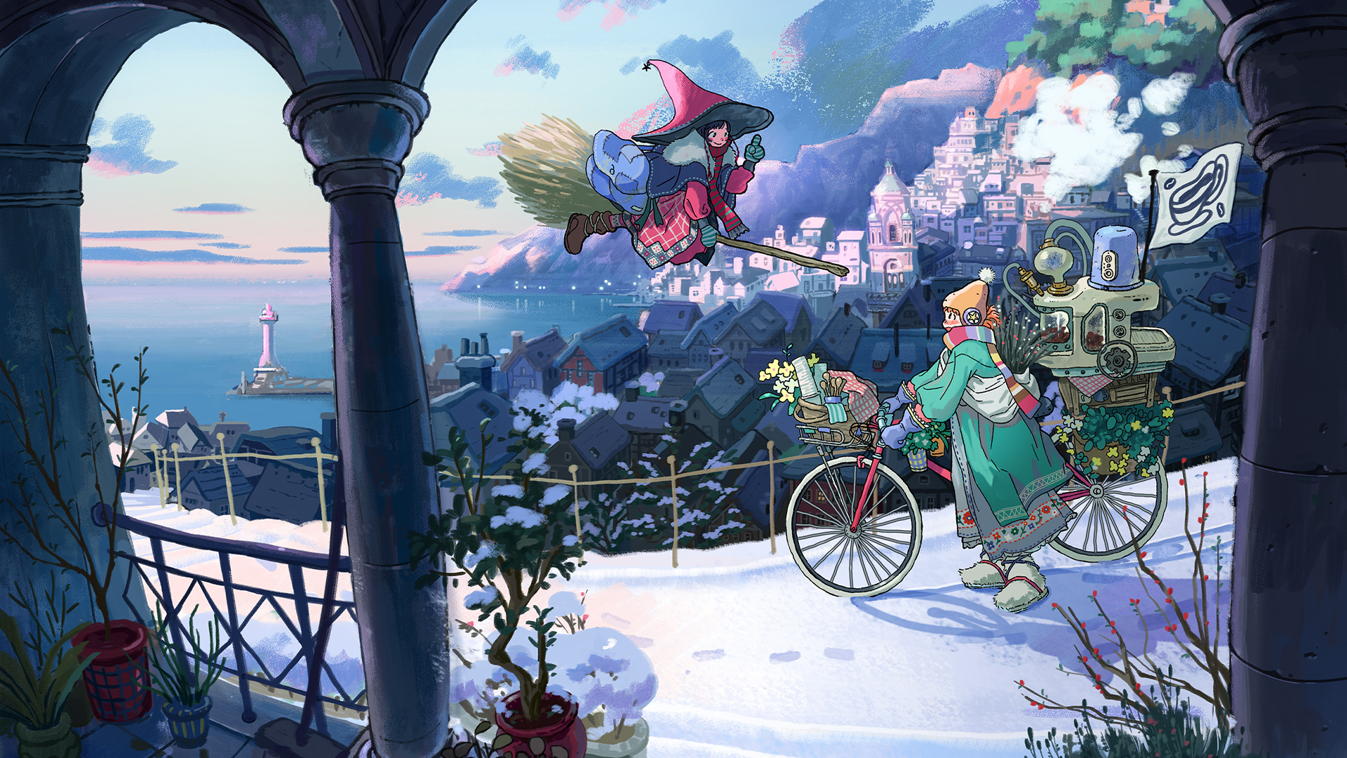 Anime girls, witch flying on broom over snowy town HD Wallpaper