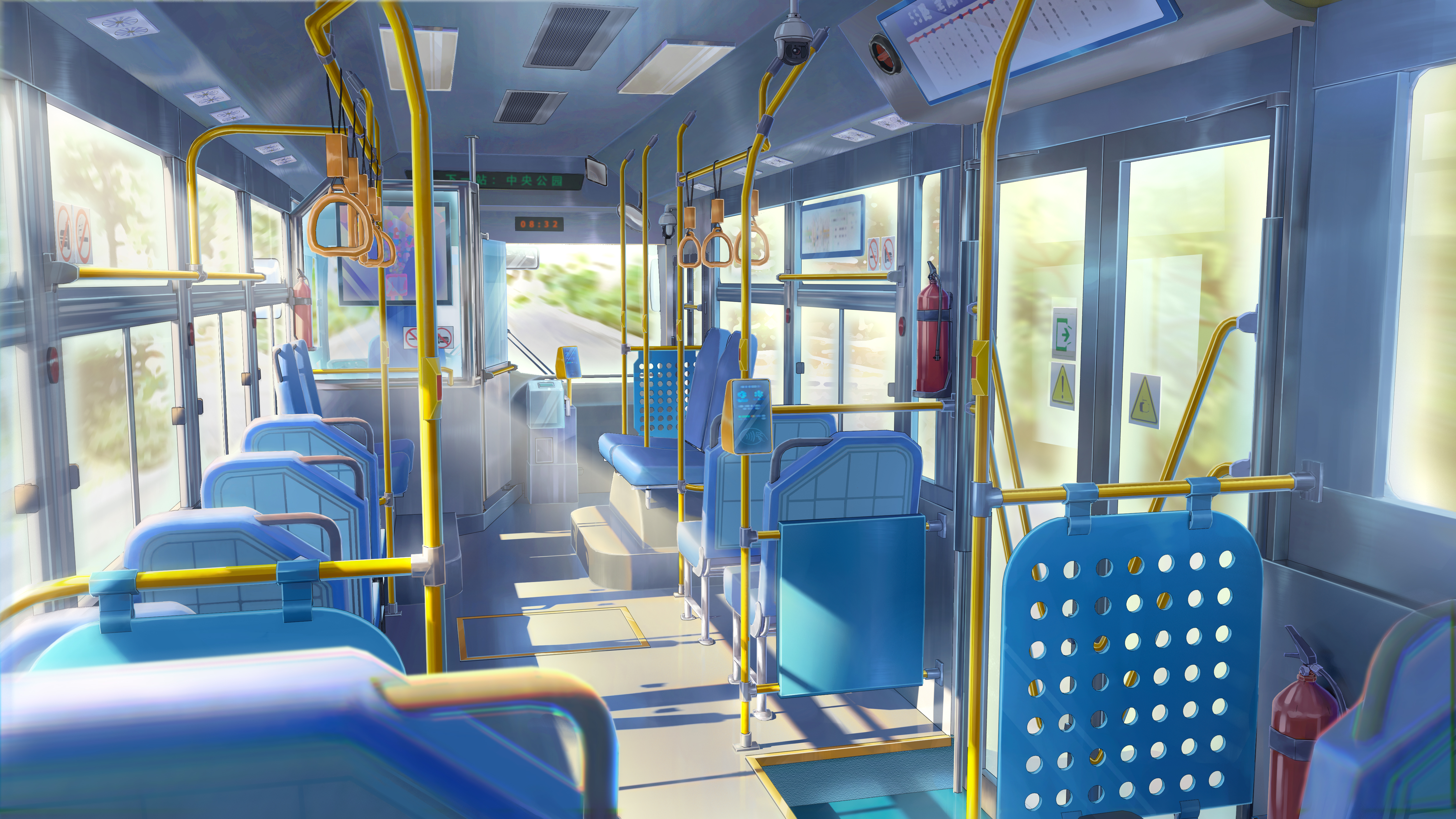 Interior of a bus with blue seats and yellow poles HD Wallpaper