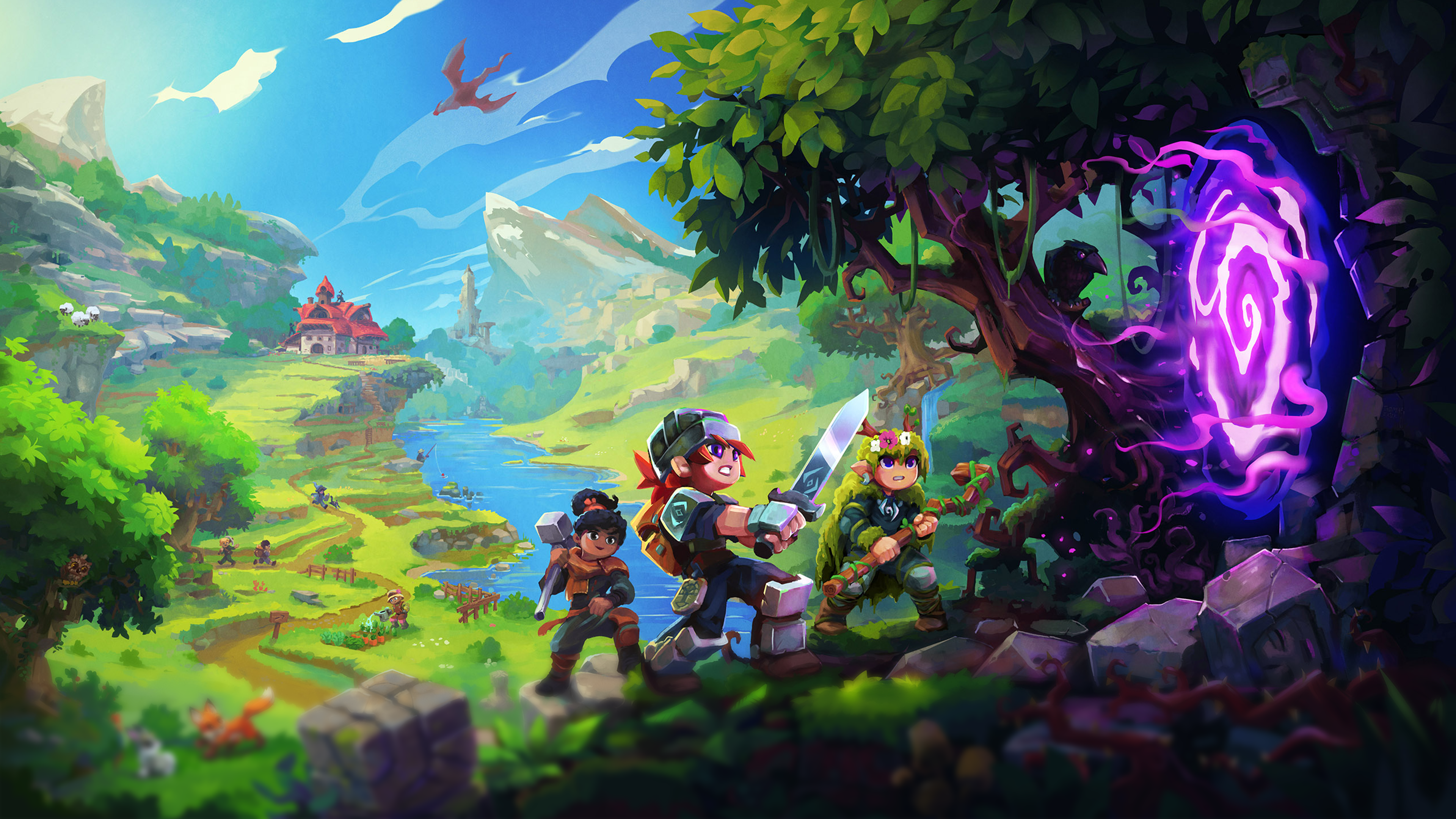 Hytale characters approach a magical portal in a fantasy landscape HD Wallpaper