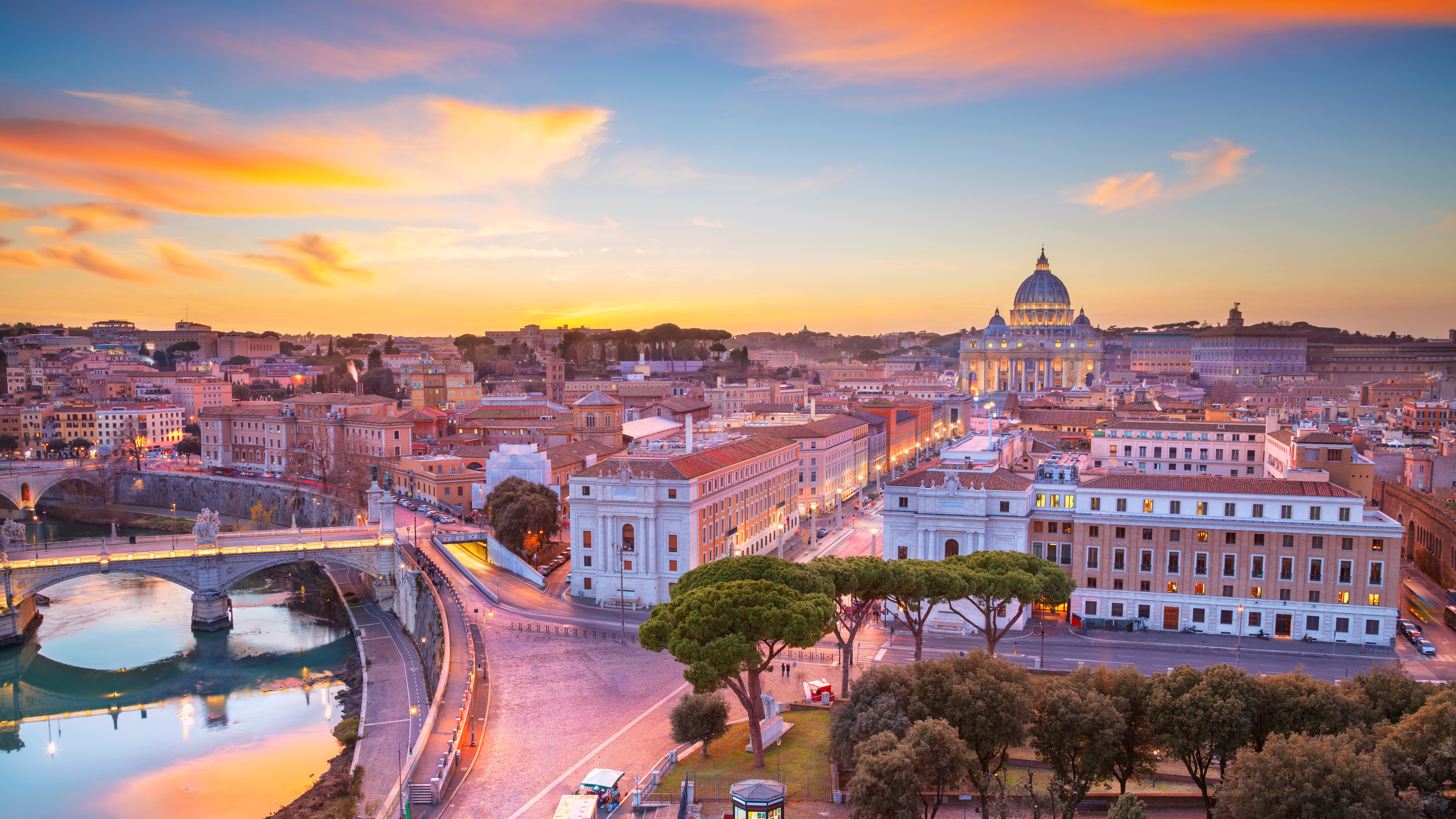 Rome cityscape with St. Peters Basilica at sunset HD Wallpaper