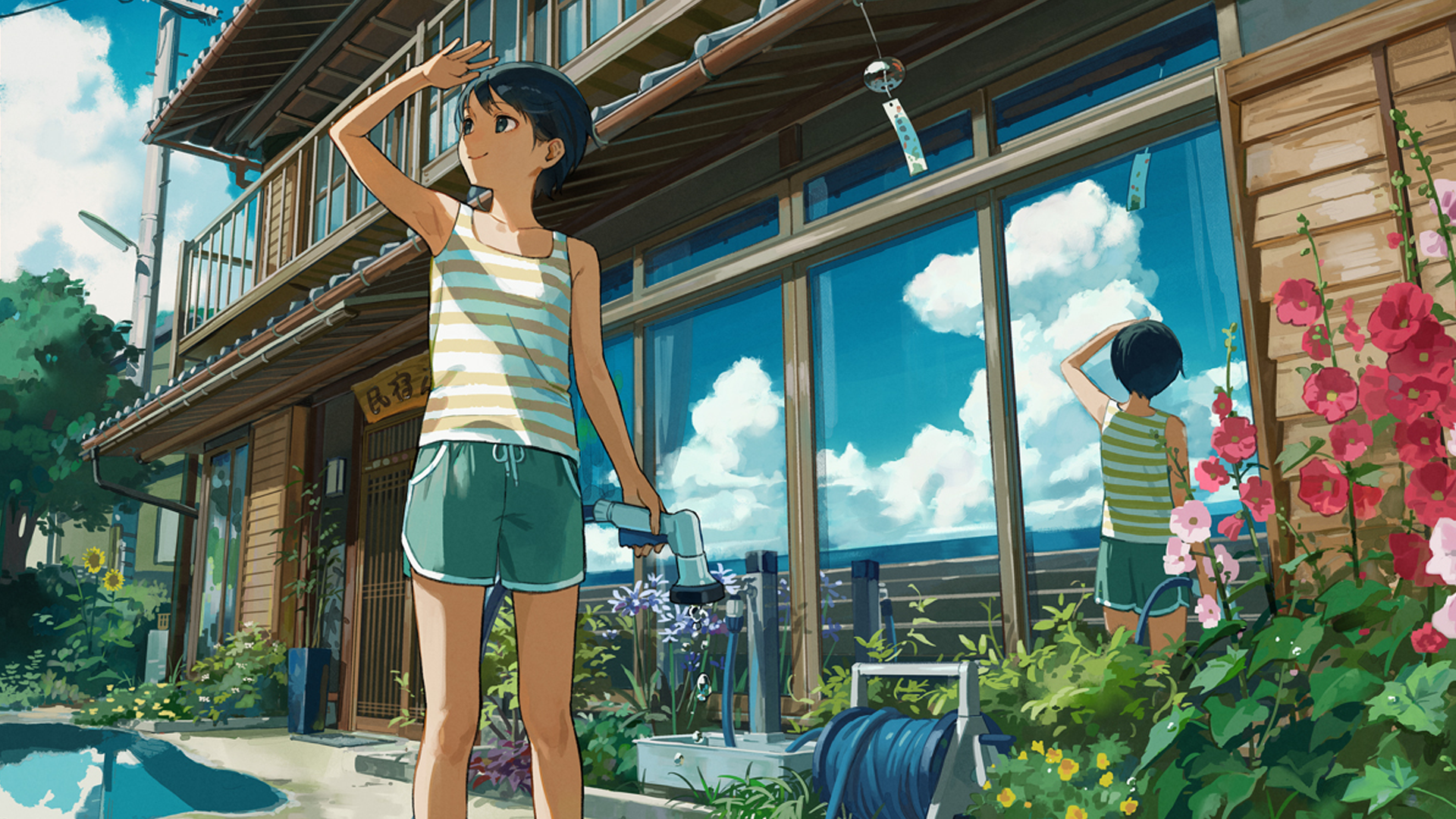 Anime girls watering plants in summer HD Wallpaper