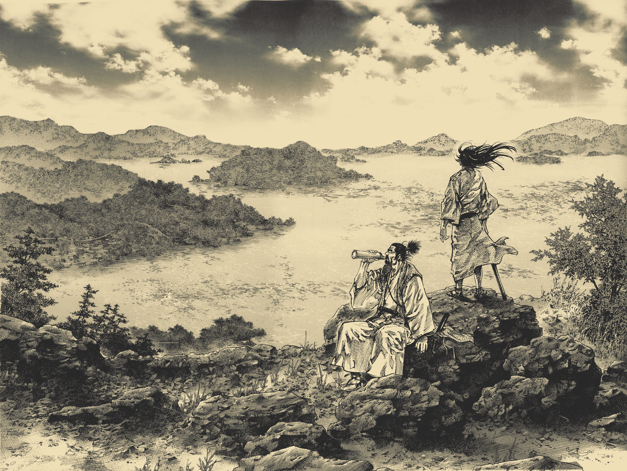 Miyamoto Musashi and companion overlooking a lake HD Wallpaper