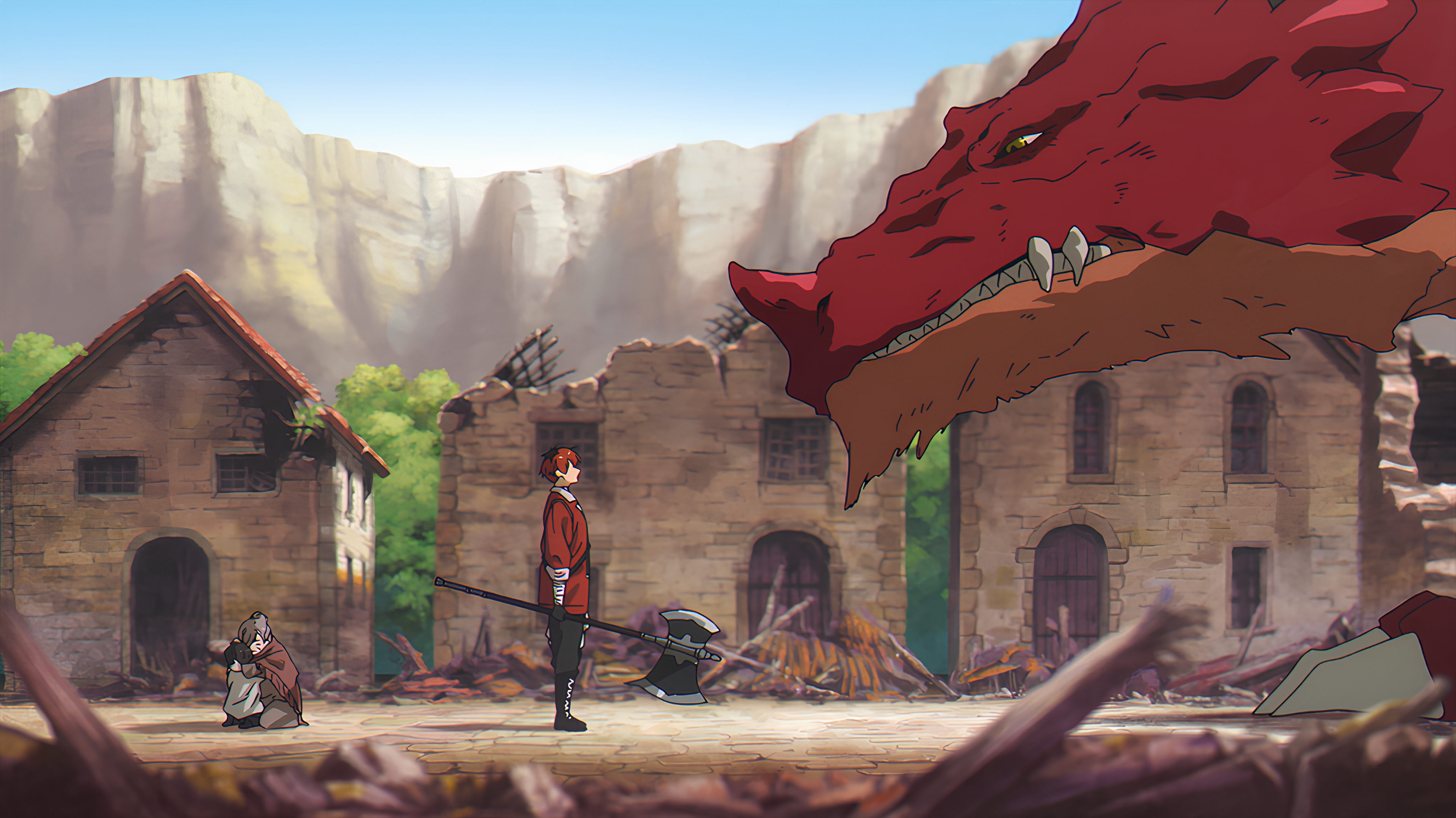 Stark faces a giant red dragon in a destroyed village HD Wallpaper