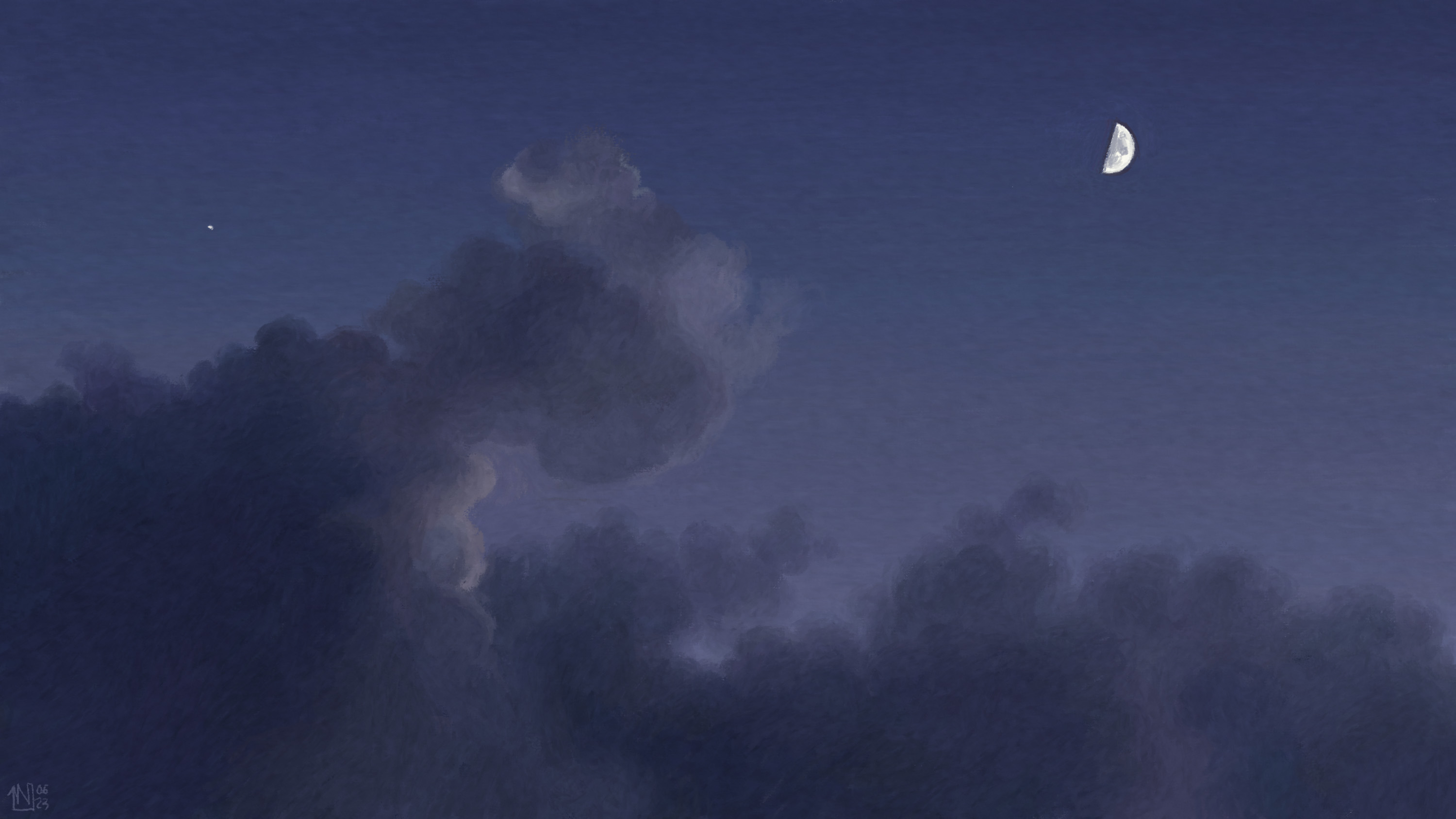 Moon and a bright star in a cloudy night sky HD Wallpaper