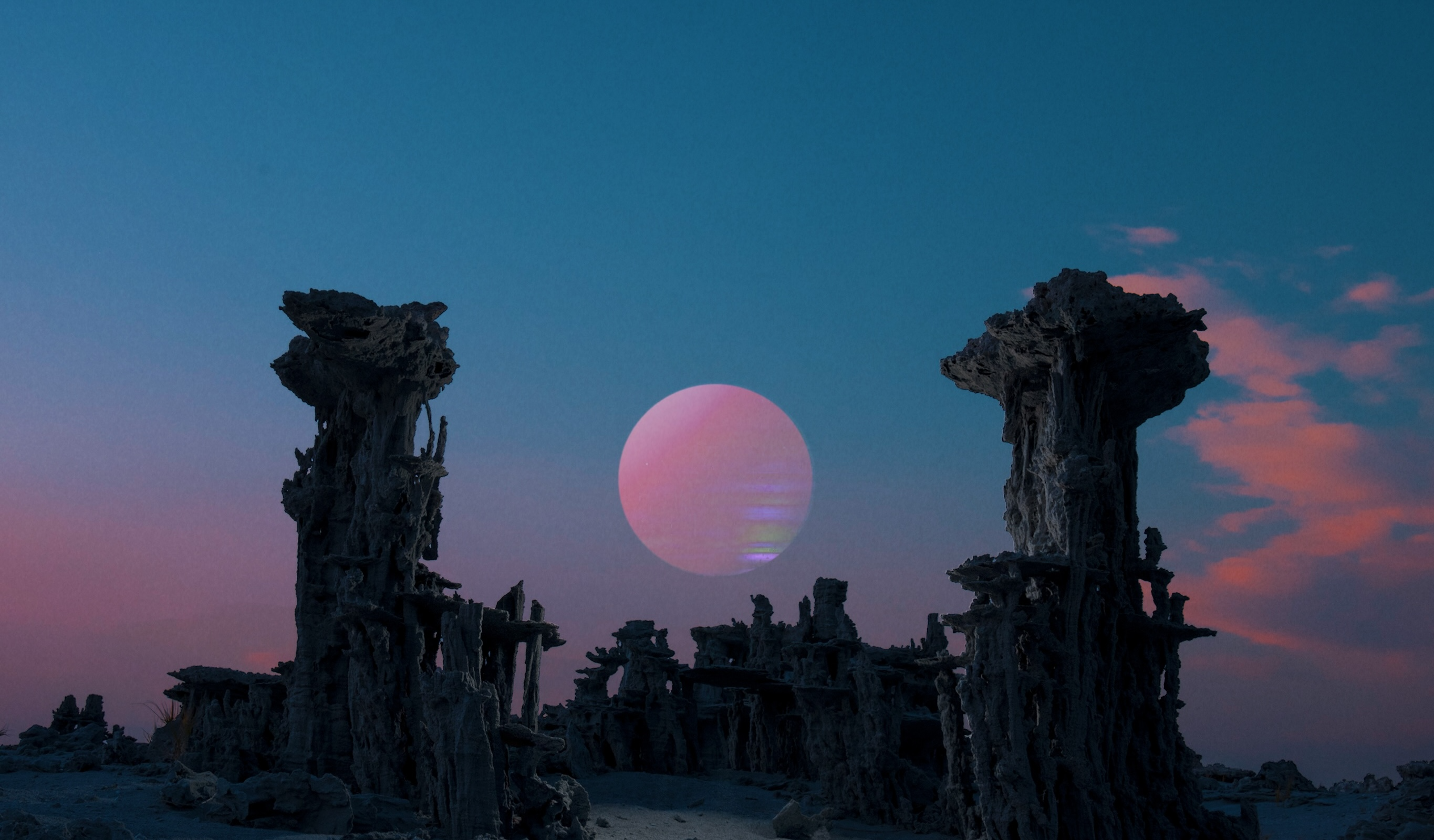 Tufa formations under a pink moon at sunset HD Wallpaper