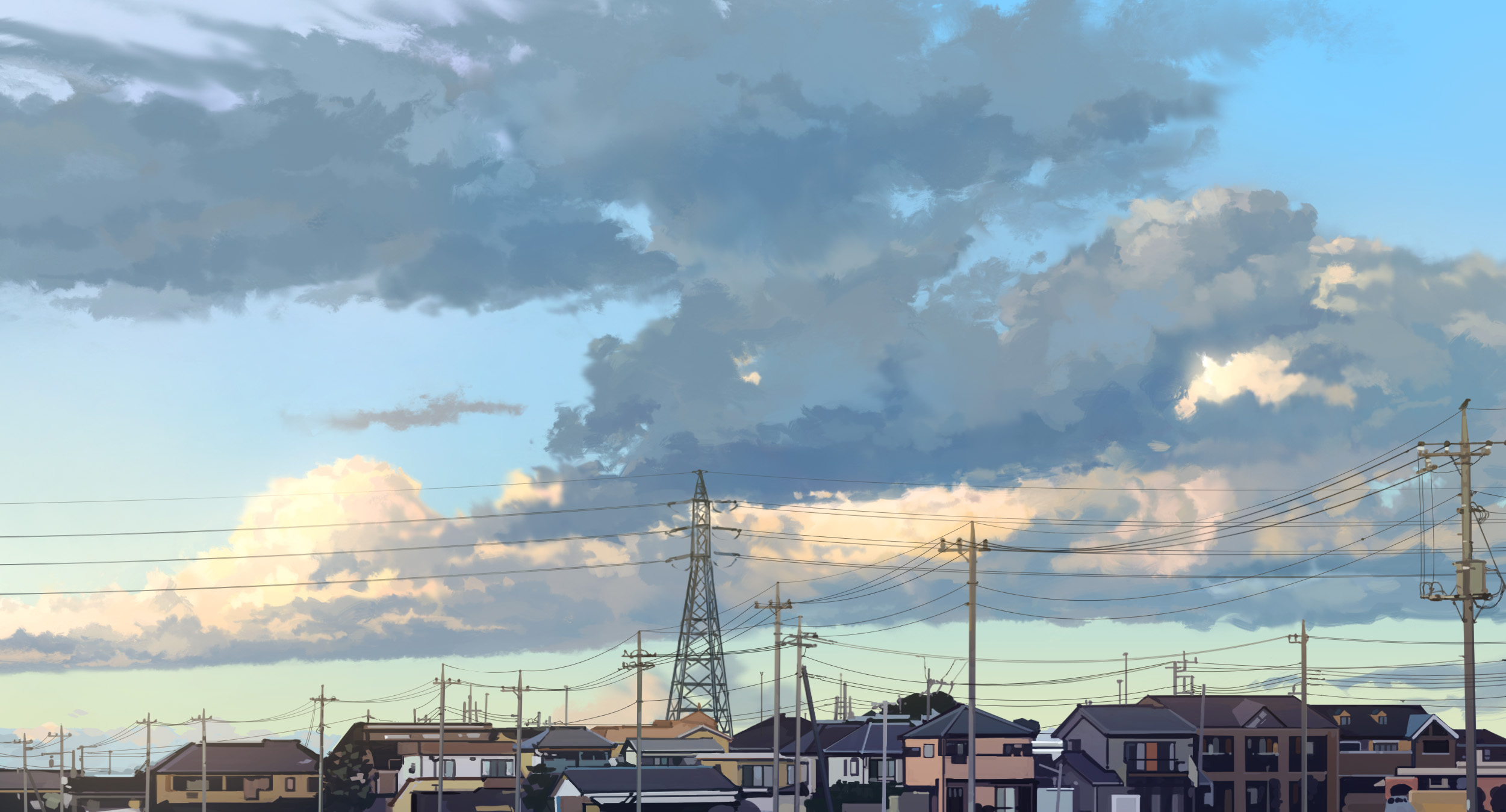 Cityscape with Clouds and Utility Poles HD Wallpaper