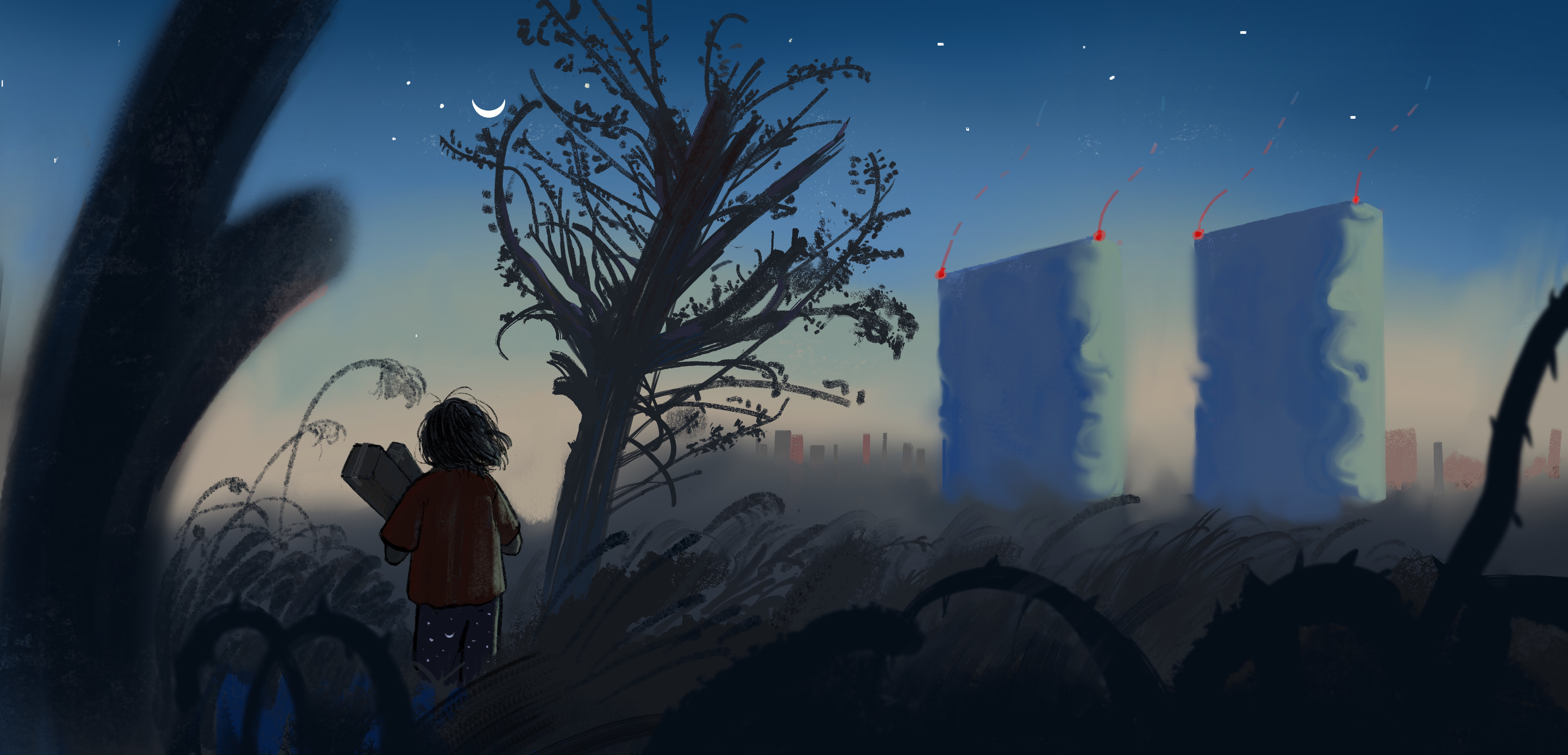 Fictional character looks at glowing blue structures at night HD Wallpaper