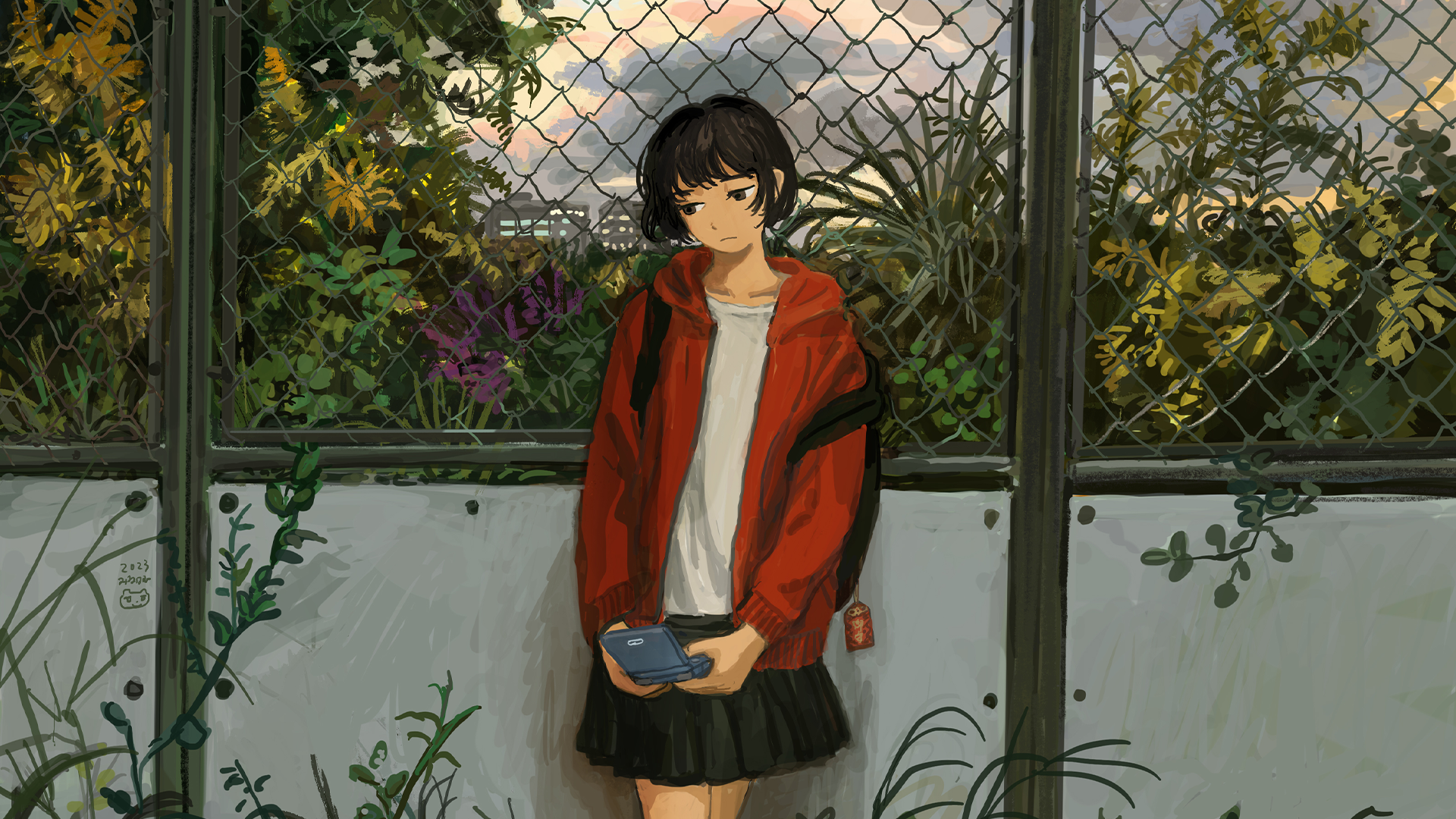 Anime girl with Game Boy Advance by fence HD Wallpaper