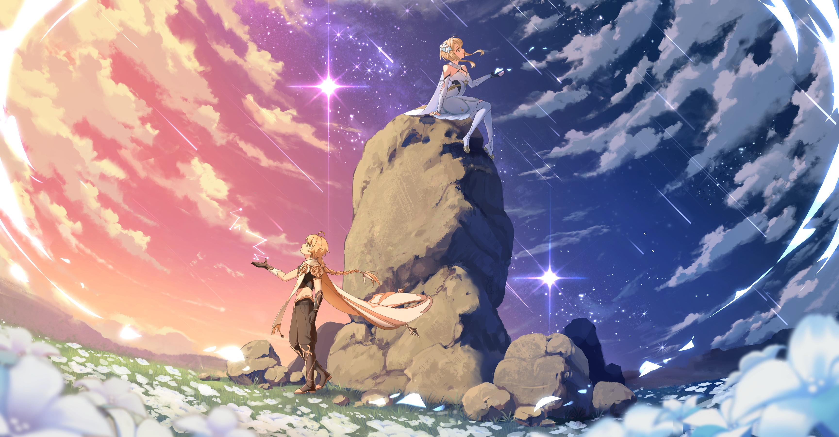 Aether and Lumine from Genshin Impact on a rock HD Wallpaper