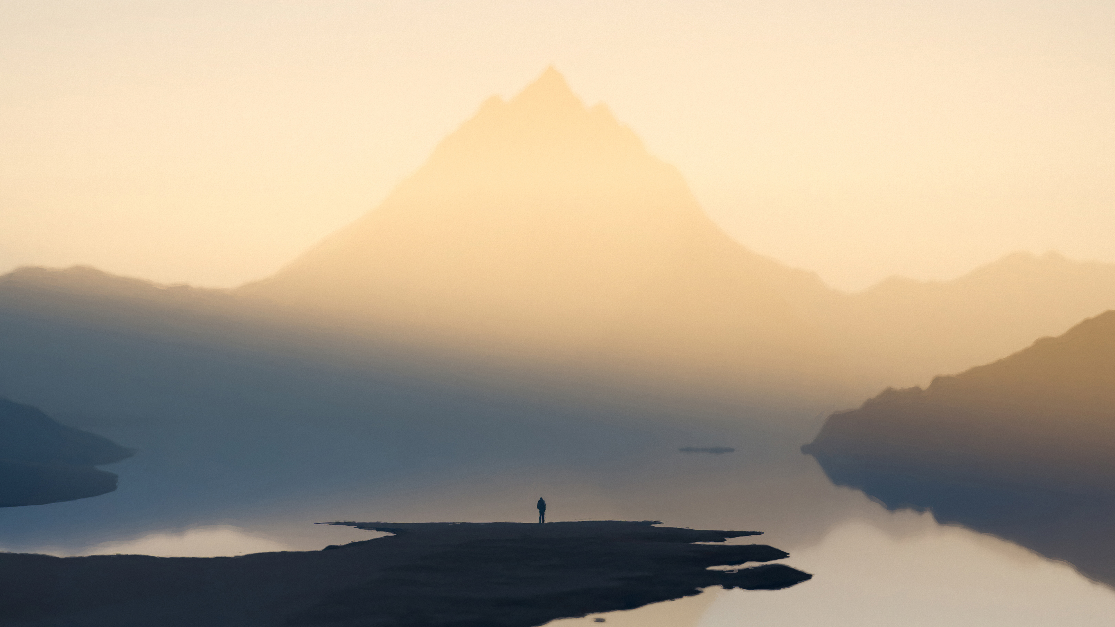 Man standing on island with mountain and lake HD Wallpaper