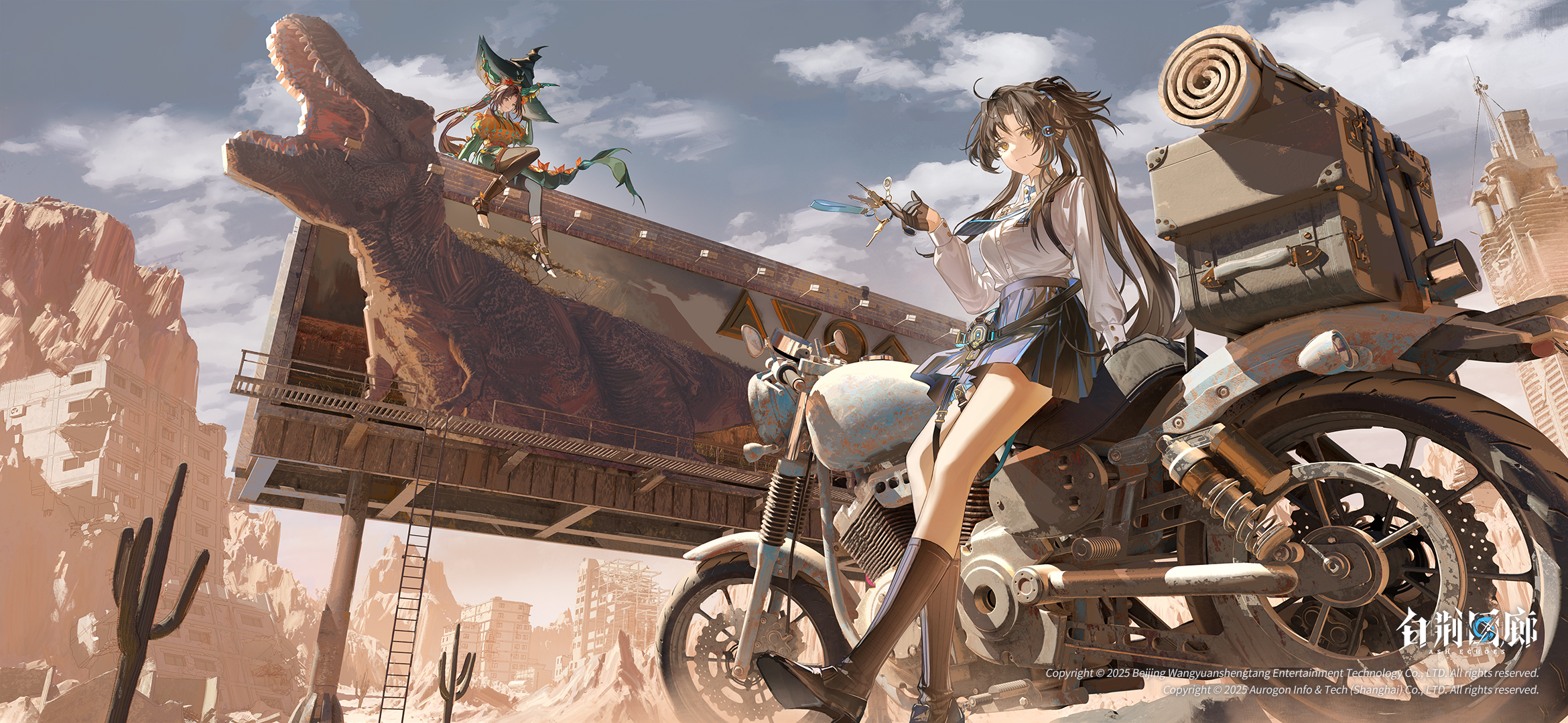 Anime girls with Ash Echoes on a motorcycle near a dinosaur billboard HD Wallpaper
