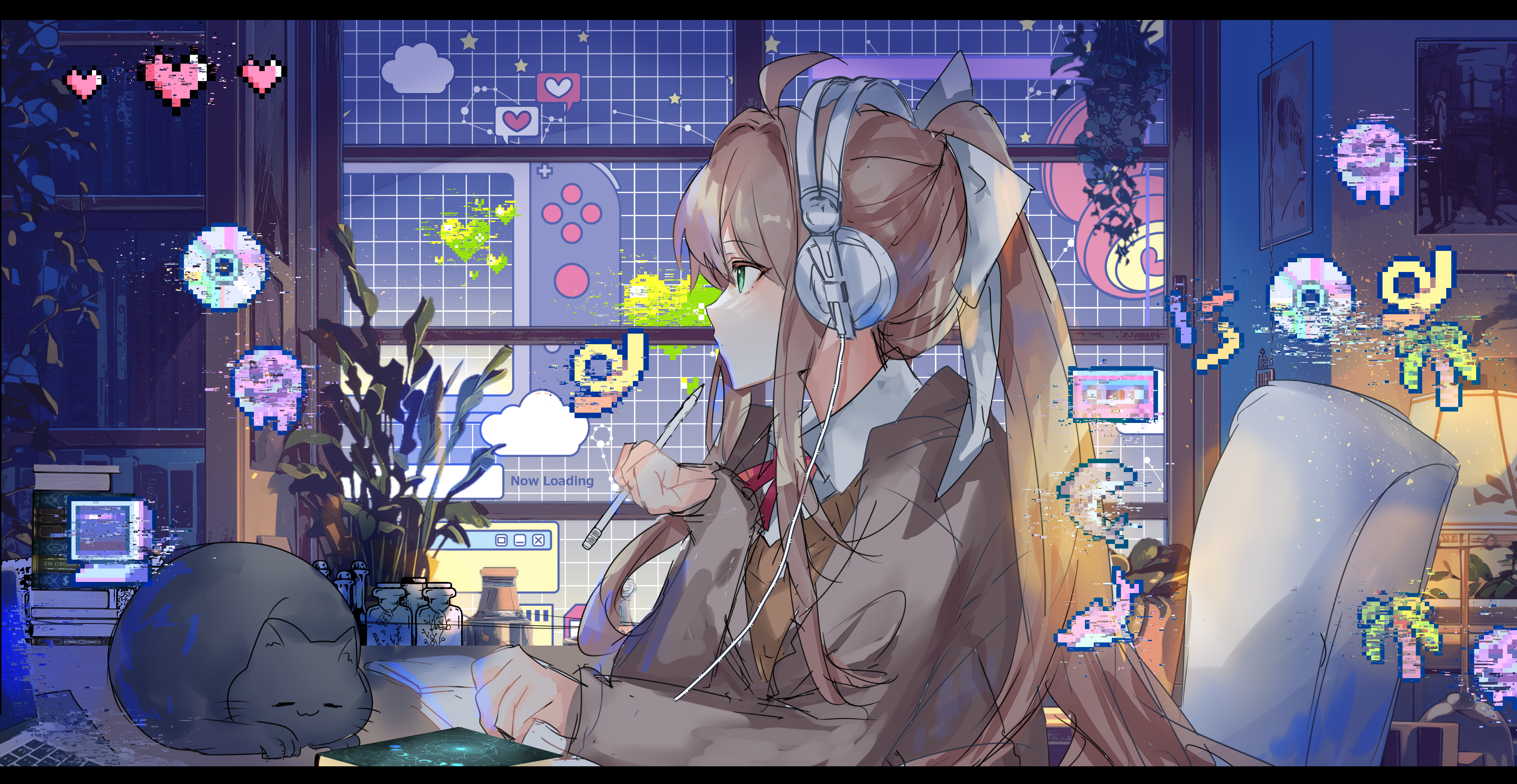 Monika from Doki Doki Literature Club with headphones and cat HD Wallpaper