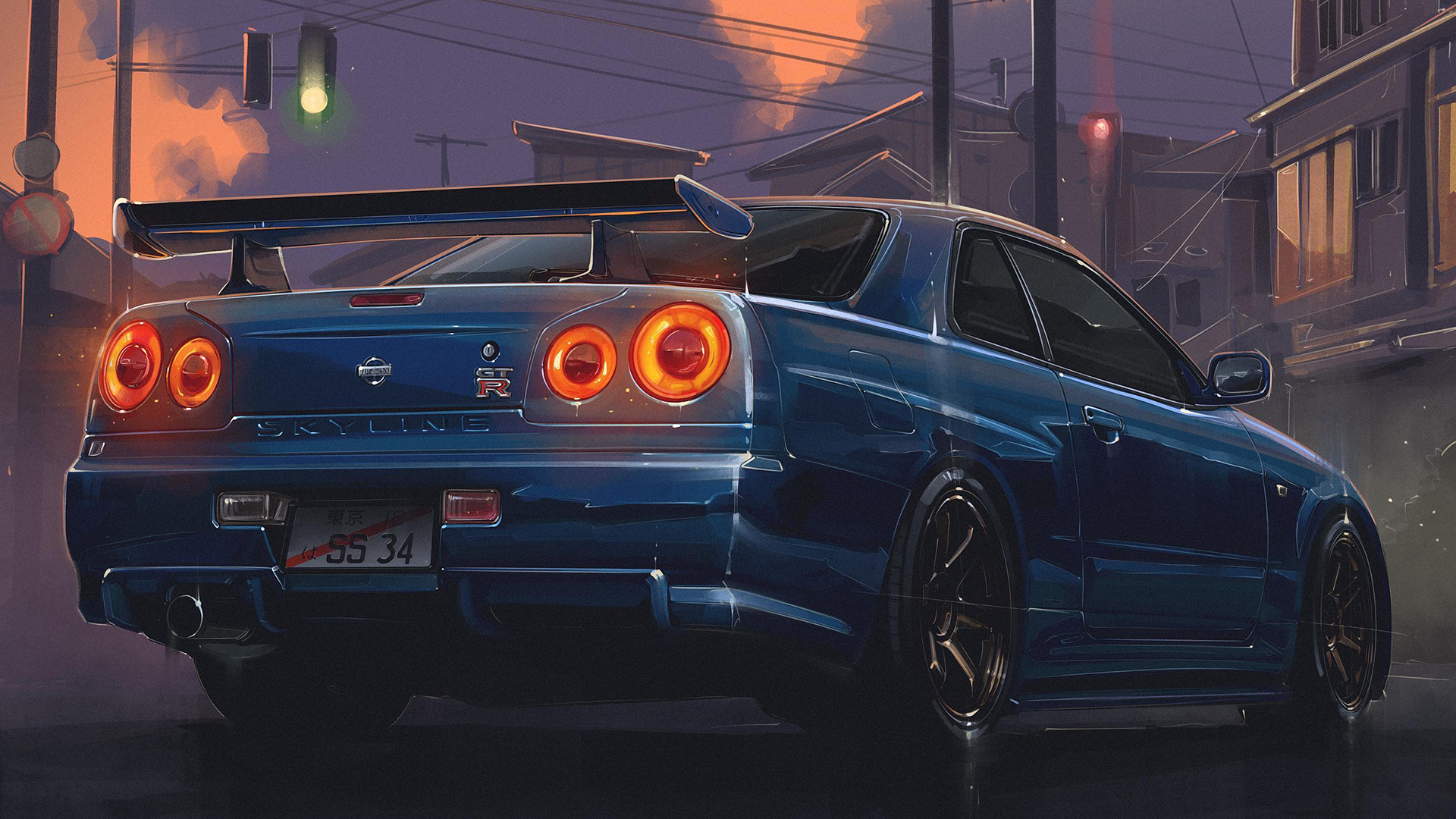 Nissan Skyline GT-R R34 rear view at dusk HD Wallpaper