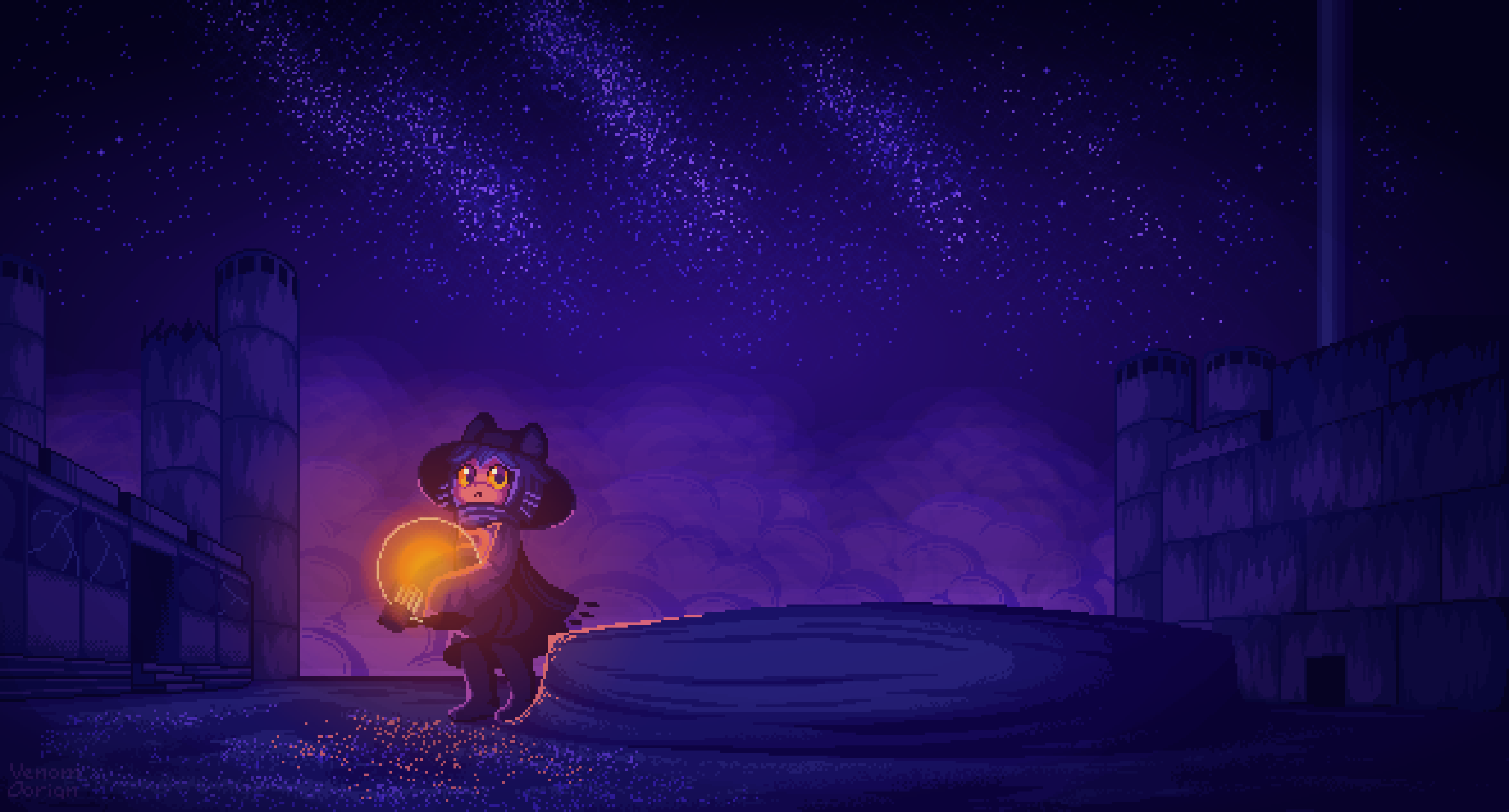 Niko holding a glowing sun in a pixel art landscape HD Wallpaper