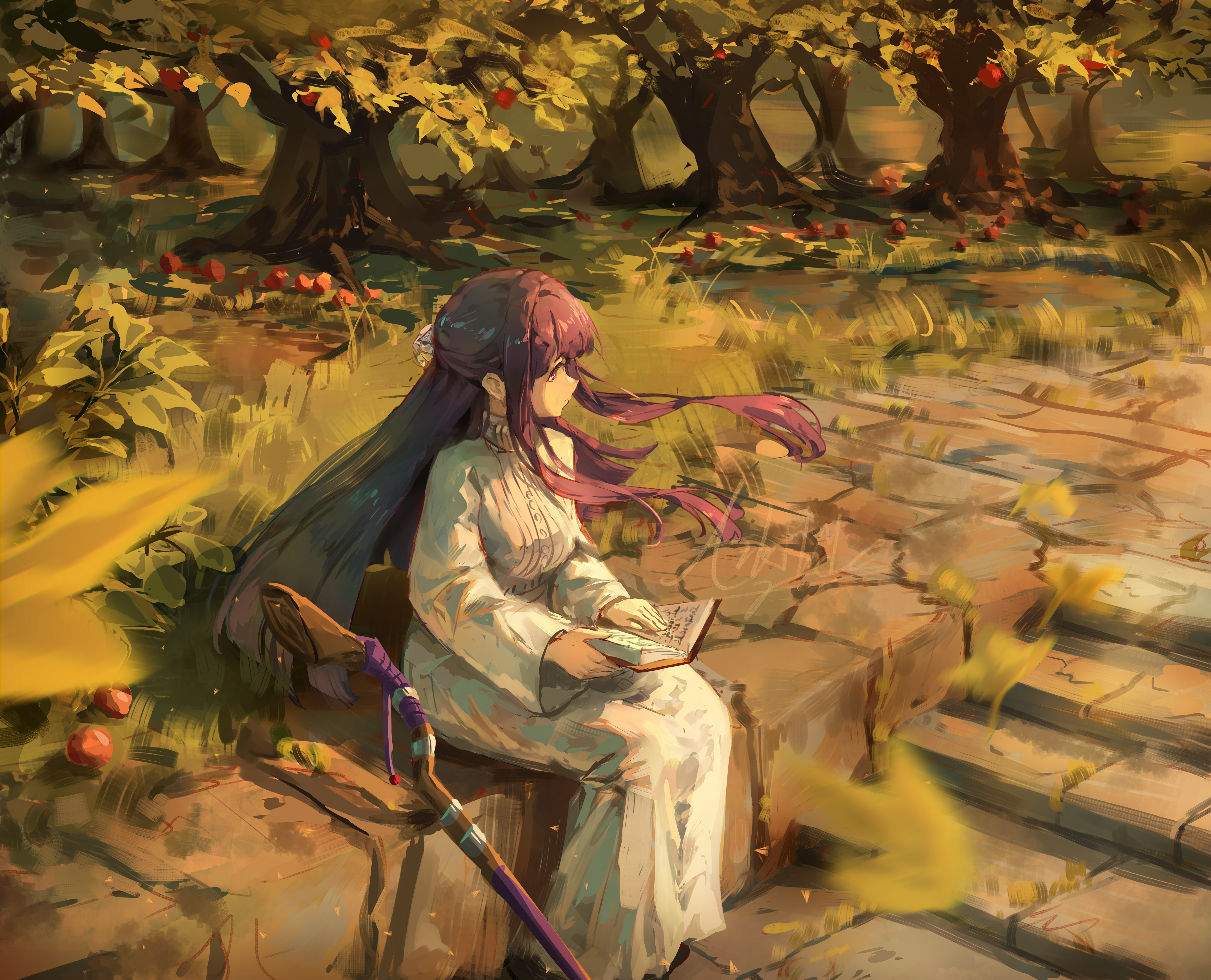 Fern reading a book in an orchard HD Wallpaper