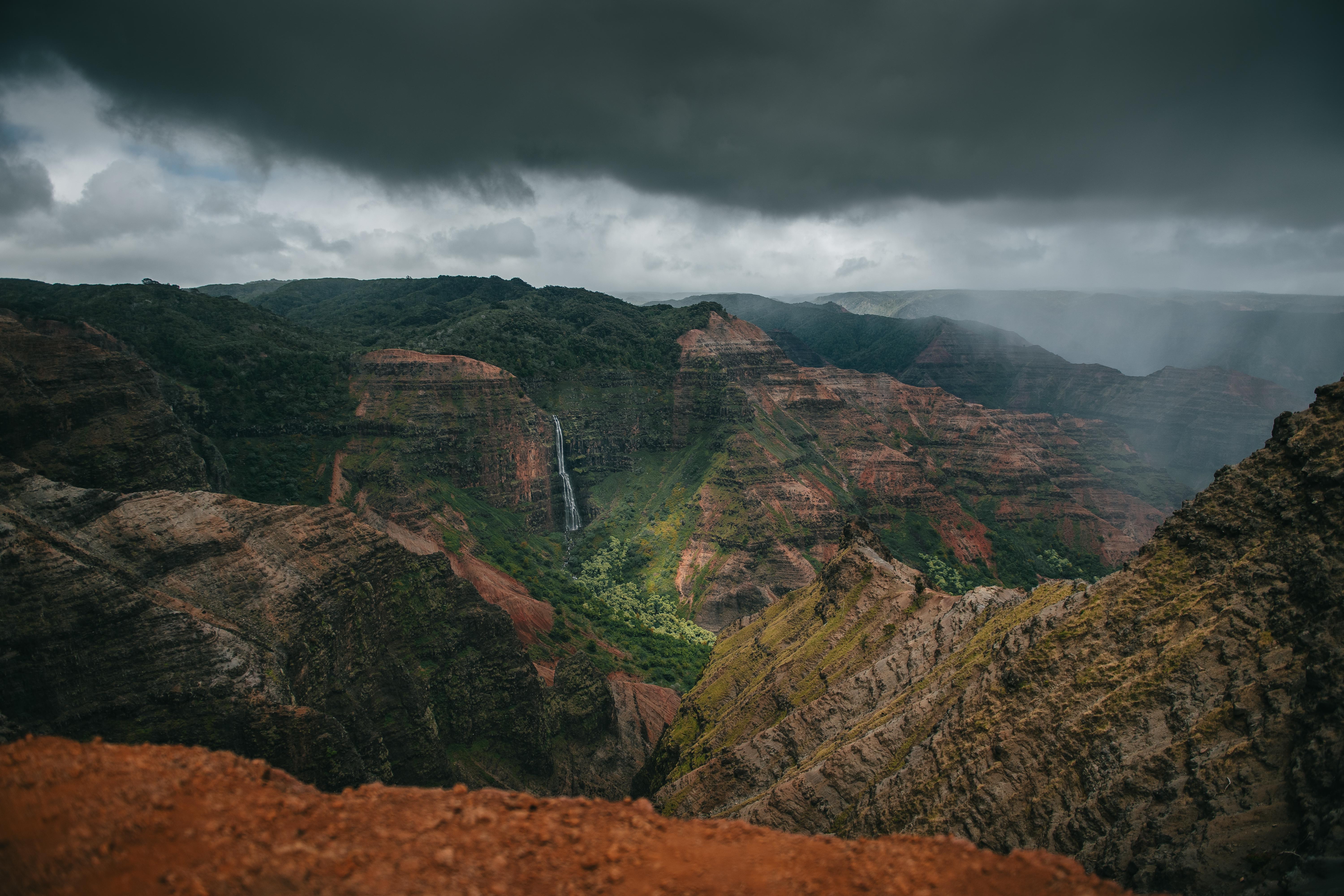 Waimea Canyon Waterfall Under Stormy Skies HD Wallpaper