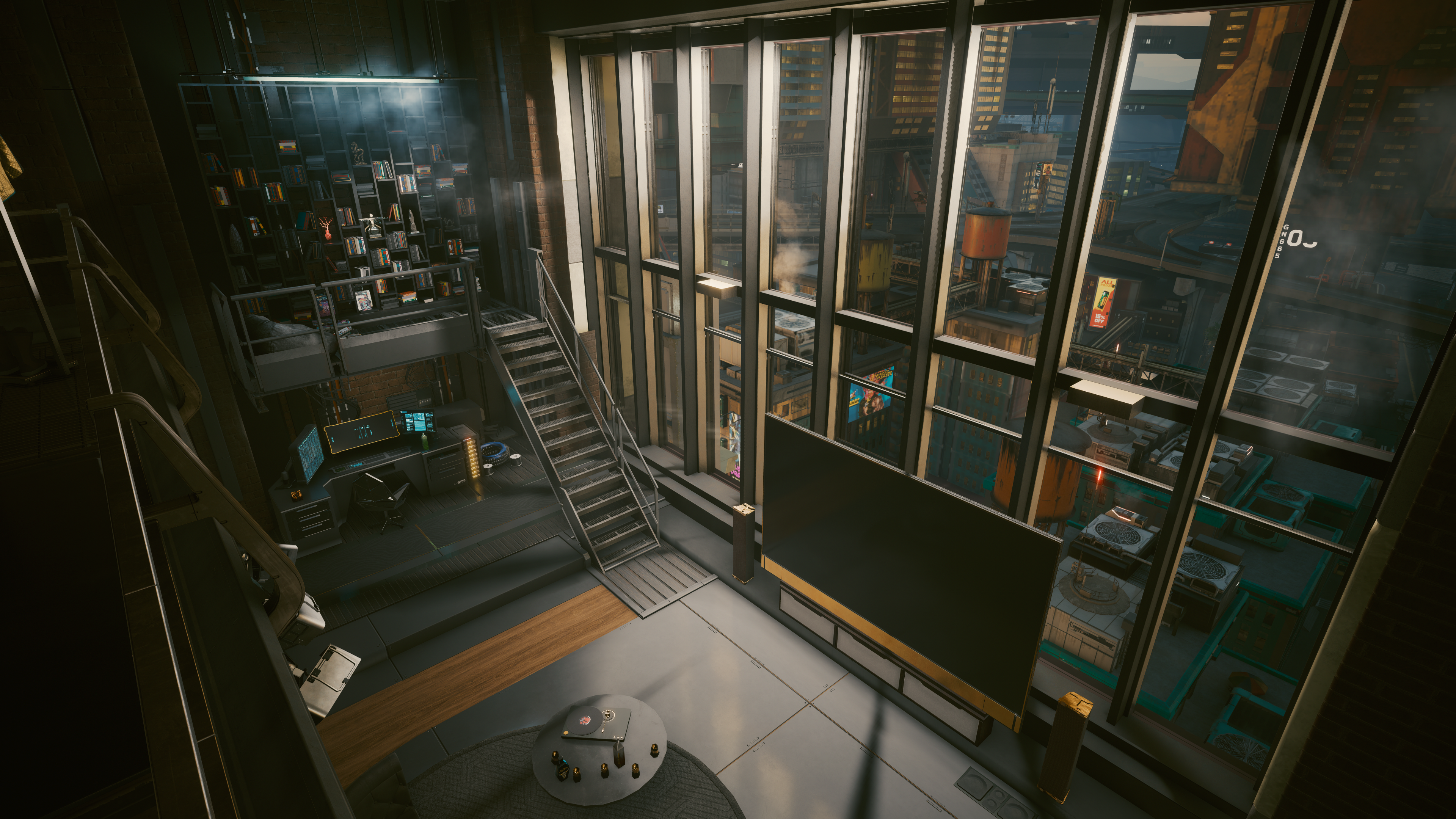 Cyberpunk 2077 interior with stairs and city view HD Wallpaper