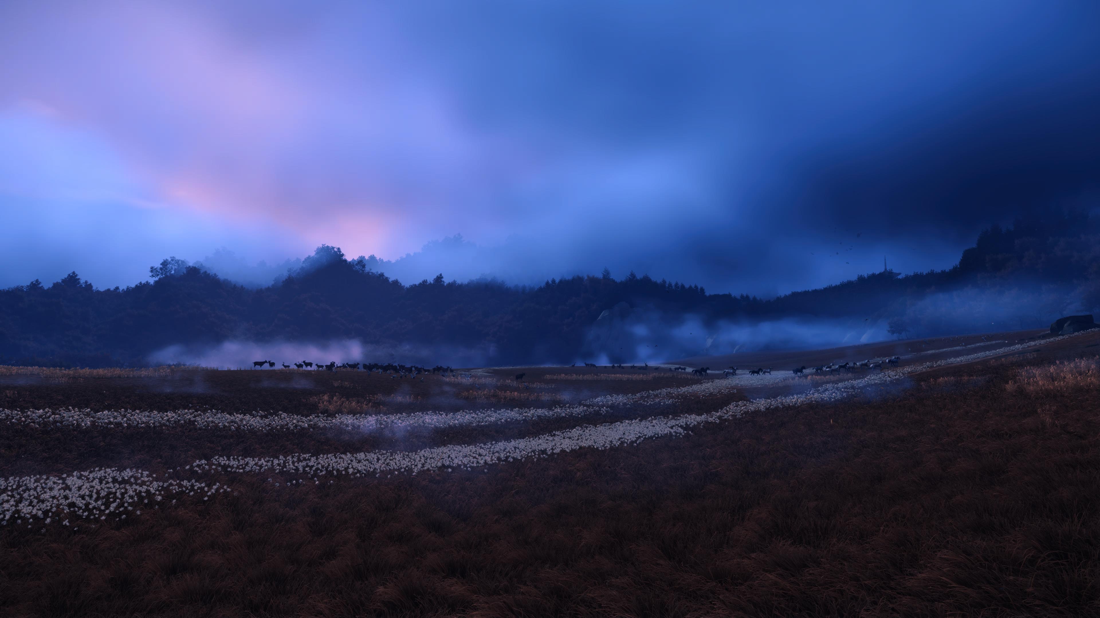 Ghost of Yōtei landscape with mountains and fog HD Wallpaper