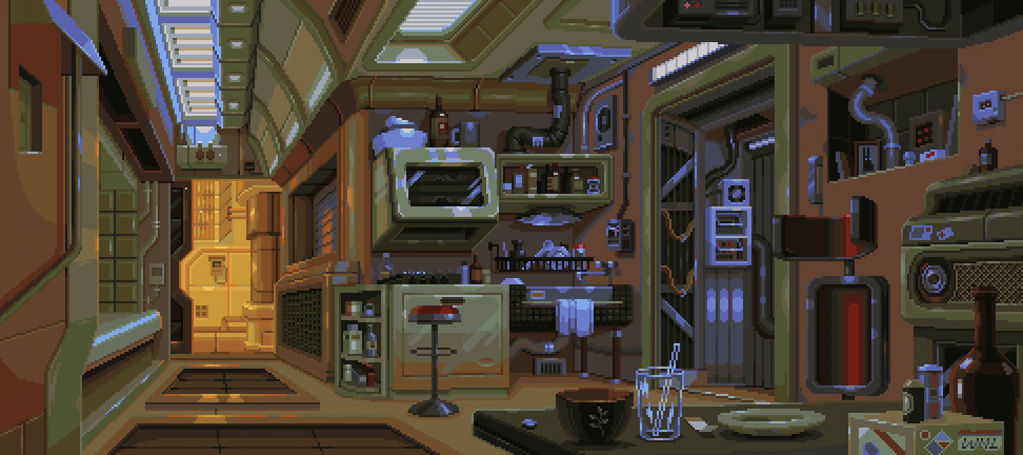 Pixel art interior of a futuristic kitchen with a table HD Wallpaper