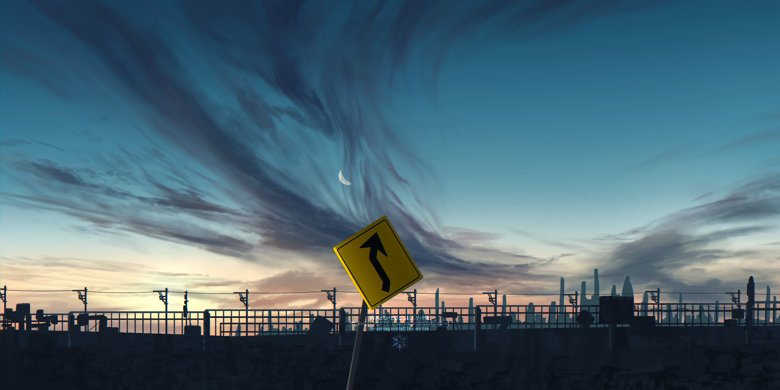 Road sign with curved arrow against a sunset sky HD Wallpaper
