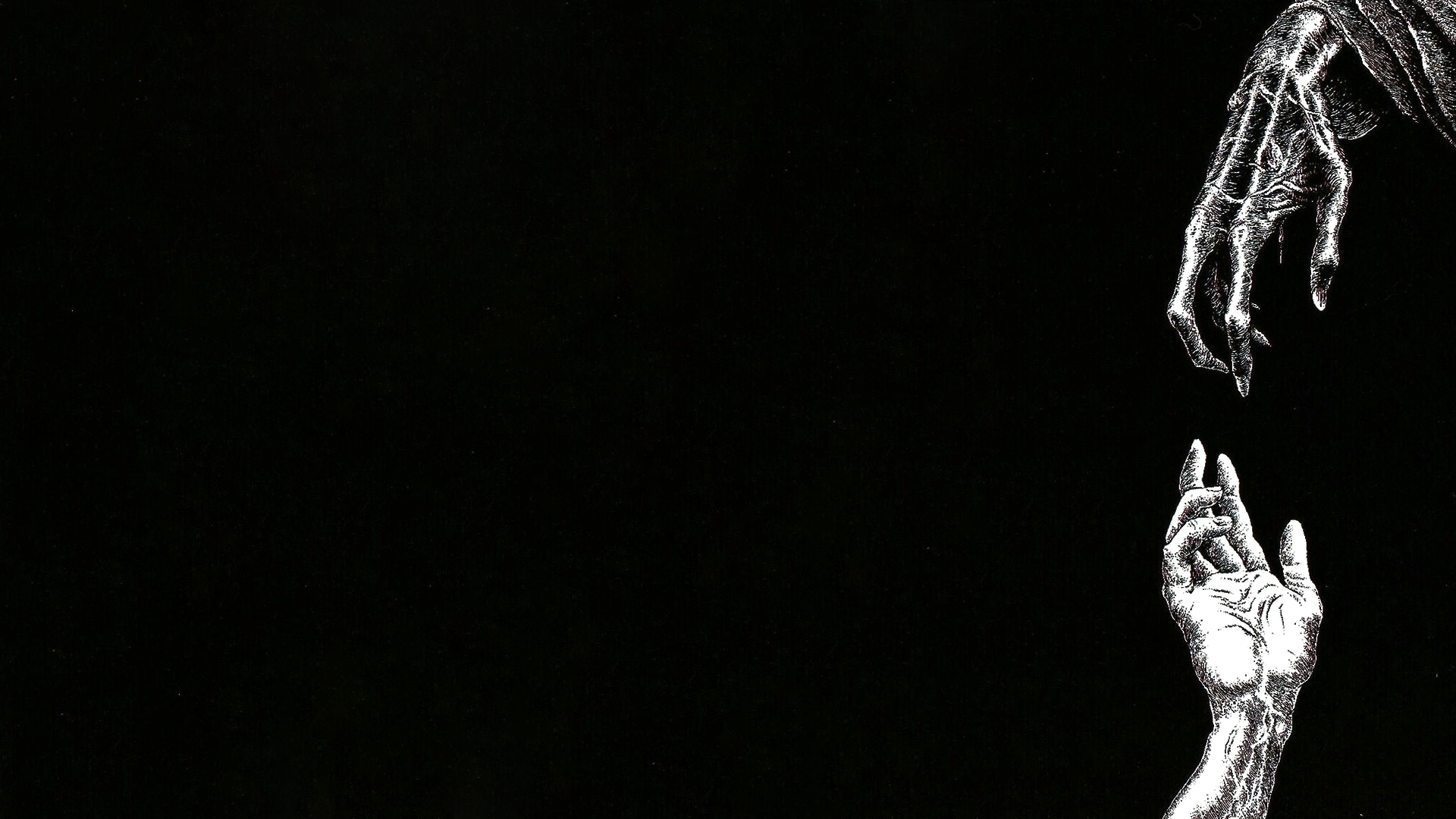 Two hands reaching towards each other on a black background HD Wallpaper