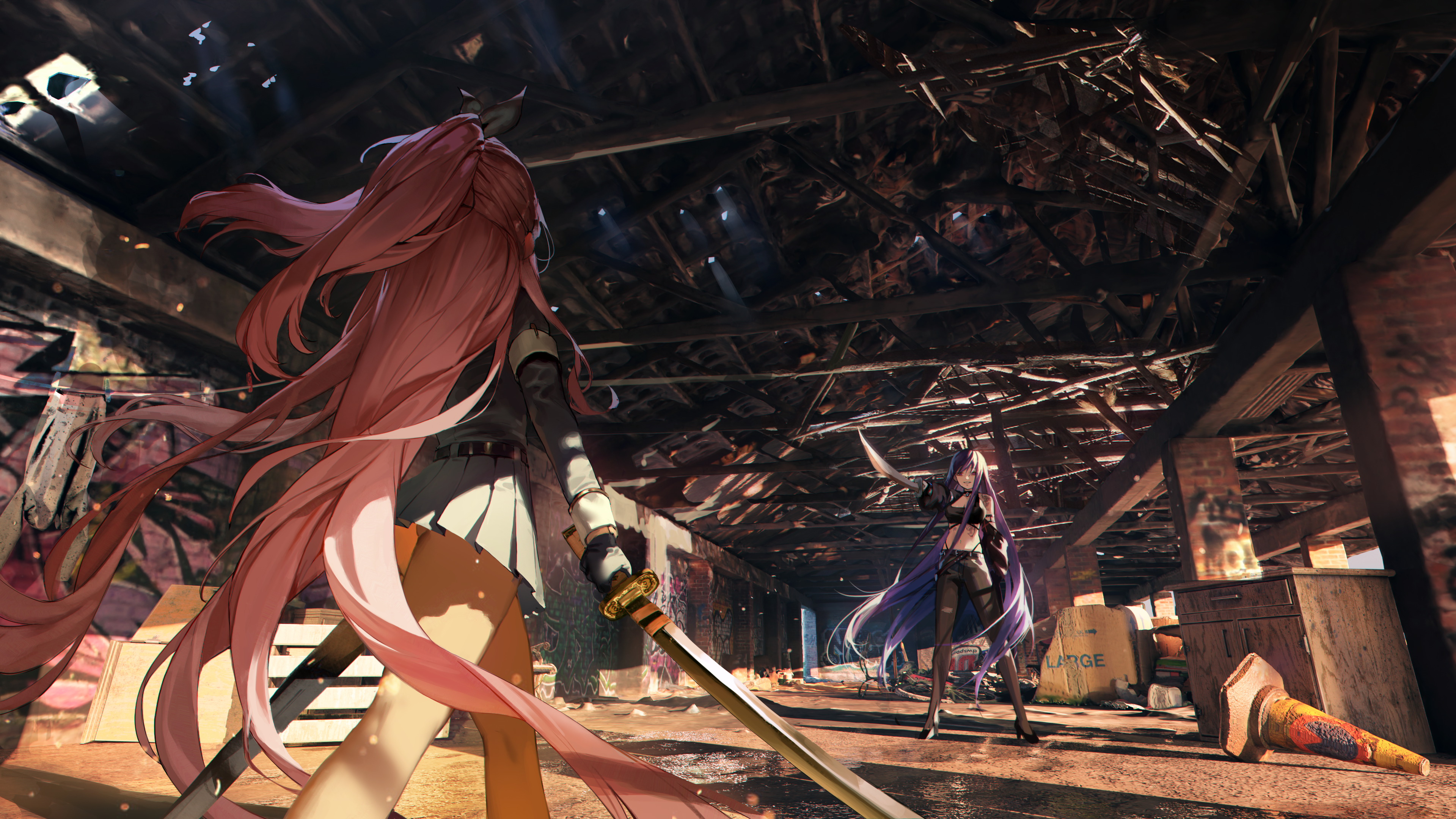 Anime girls with swords in a ruined building HD Wallpaper