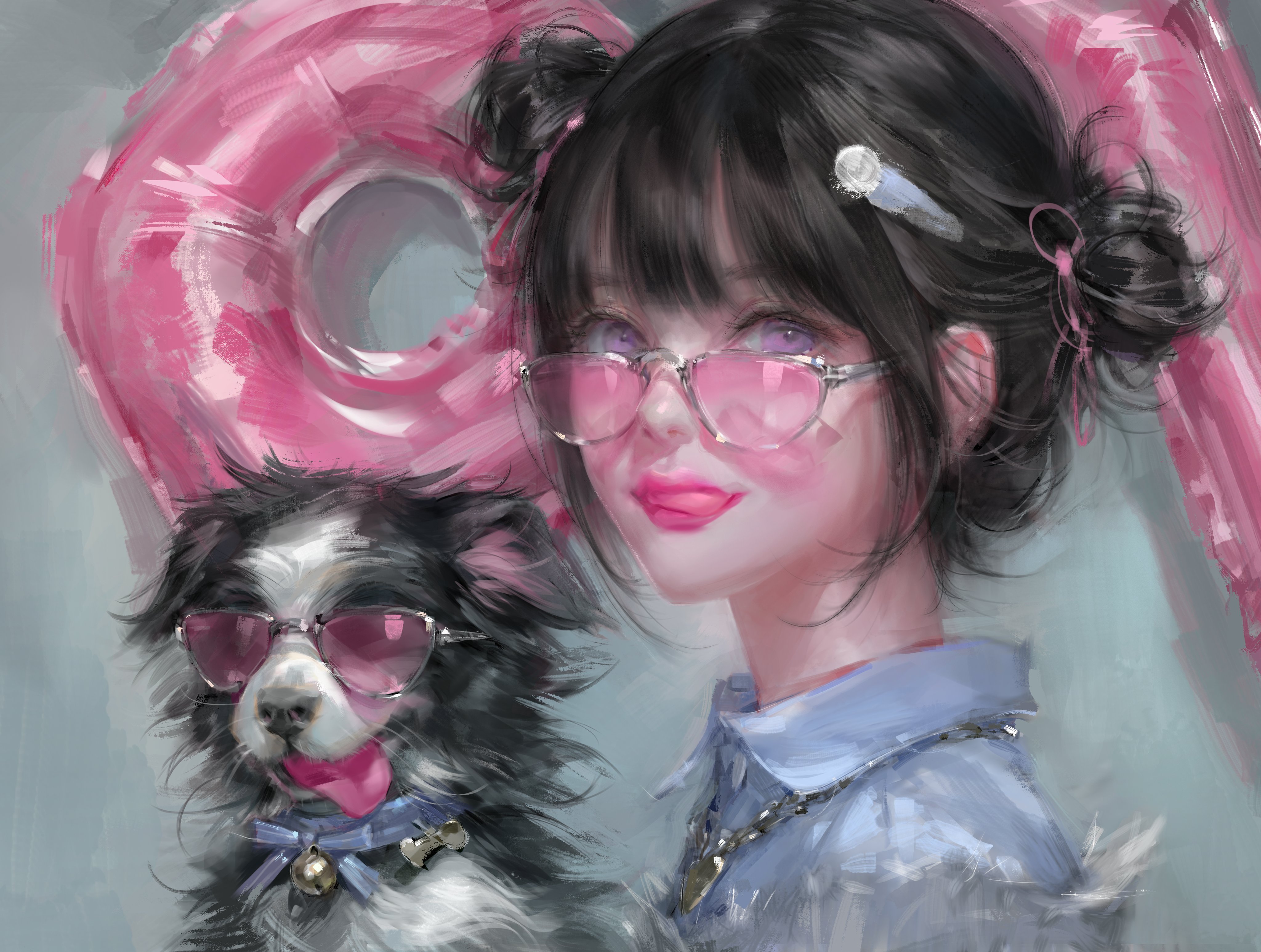 Girl with dog wearing heart-shaped glasses HD Wallpaper