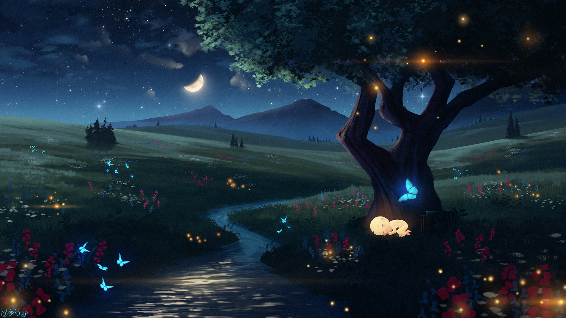 Baby animal sleeping under a glowing tree at night HD Wallpaper