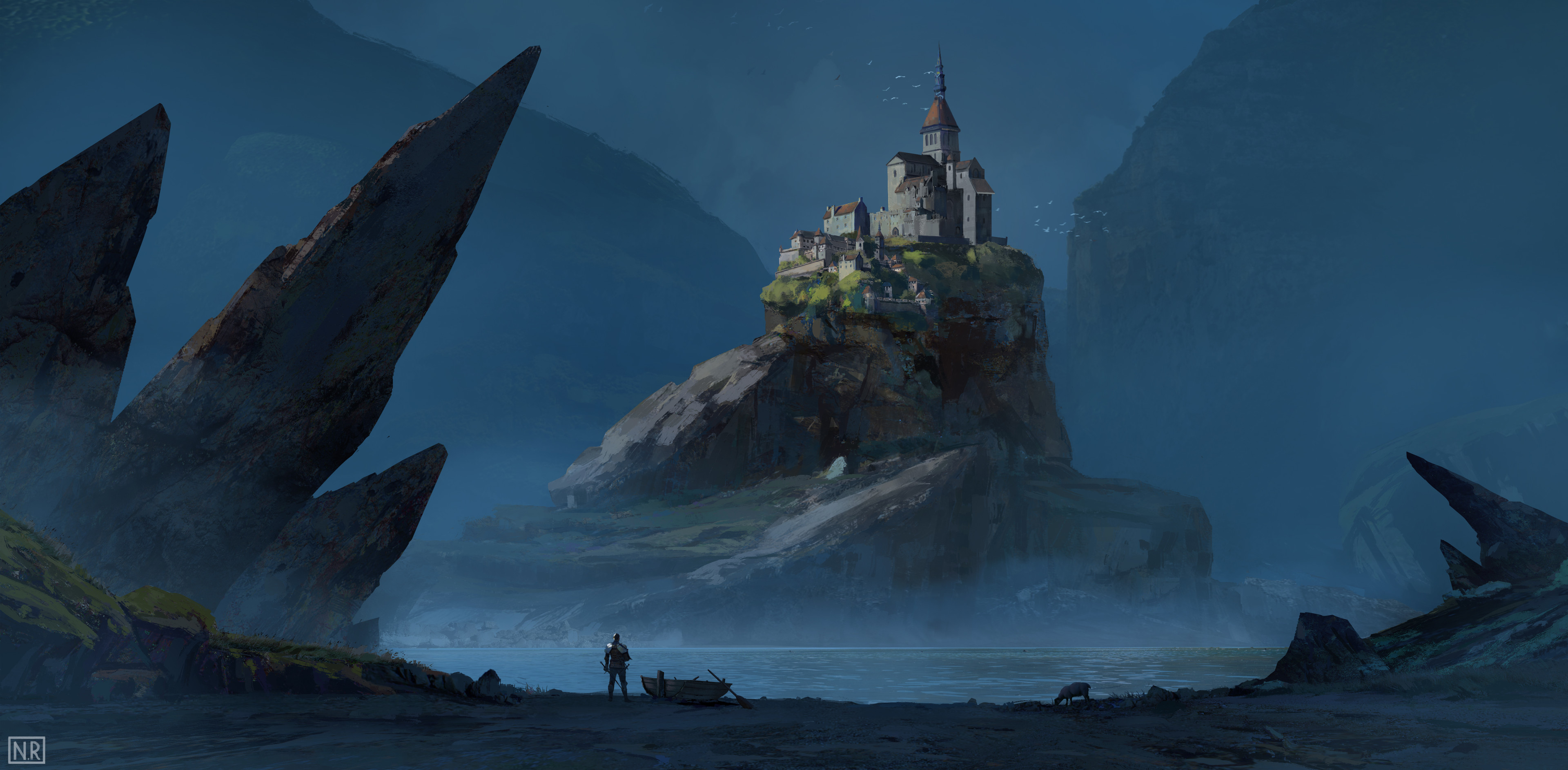 Boat near a castle on a rocky island HD Wallpaper