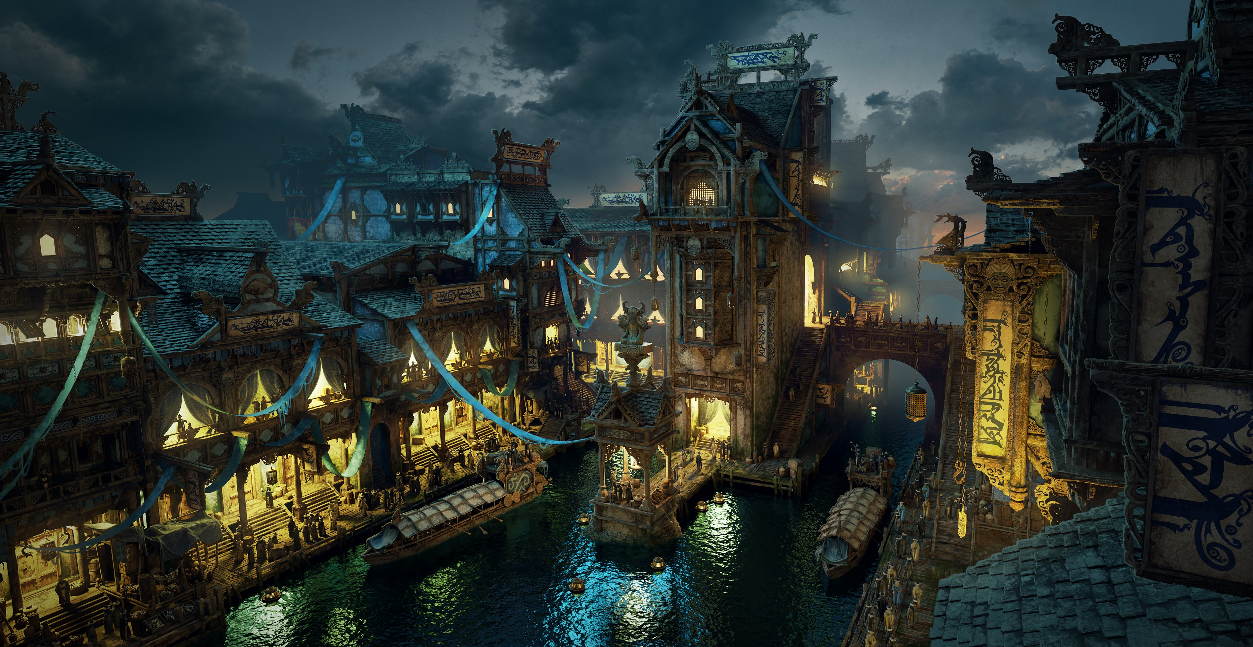 Fantasy city with boats on a canal at night HD Wallpaper