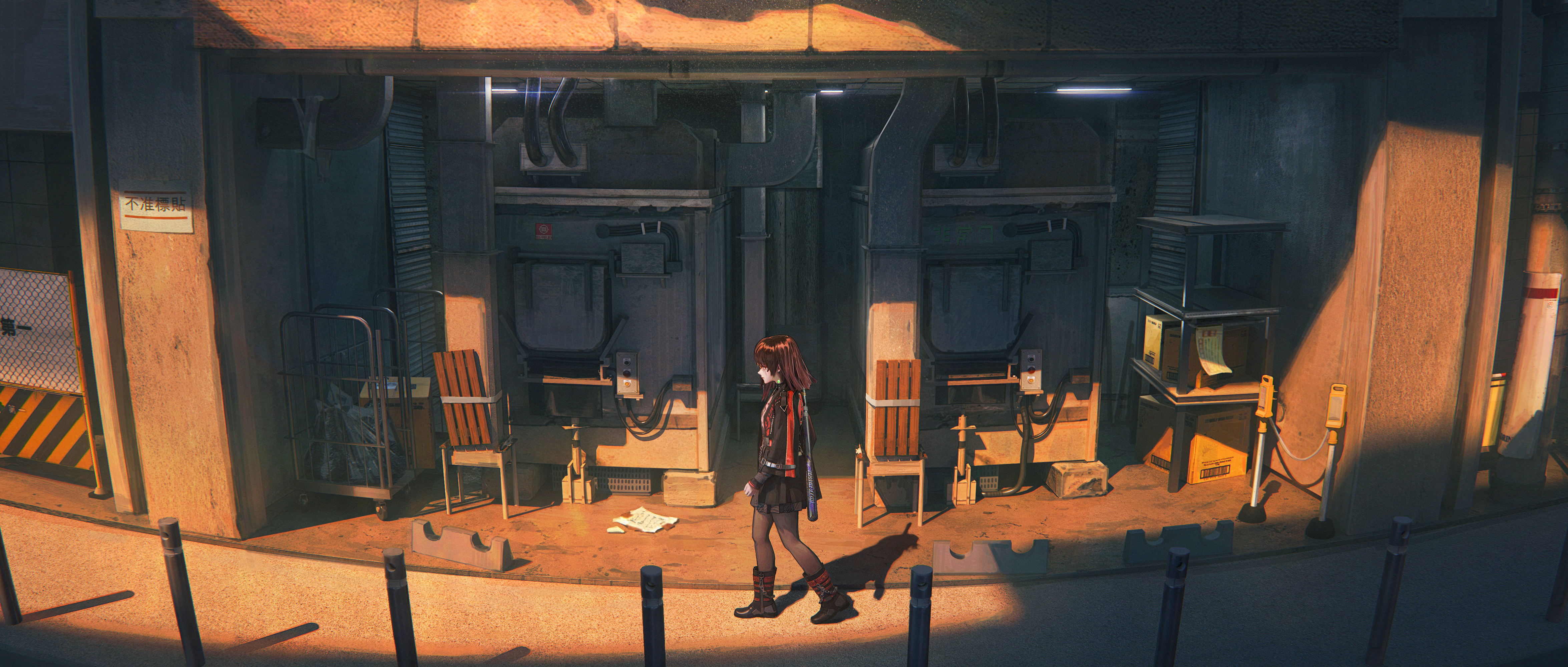 Anime girl walks past industrial machinery HD Wallpaper