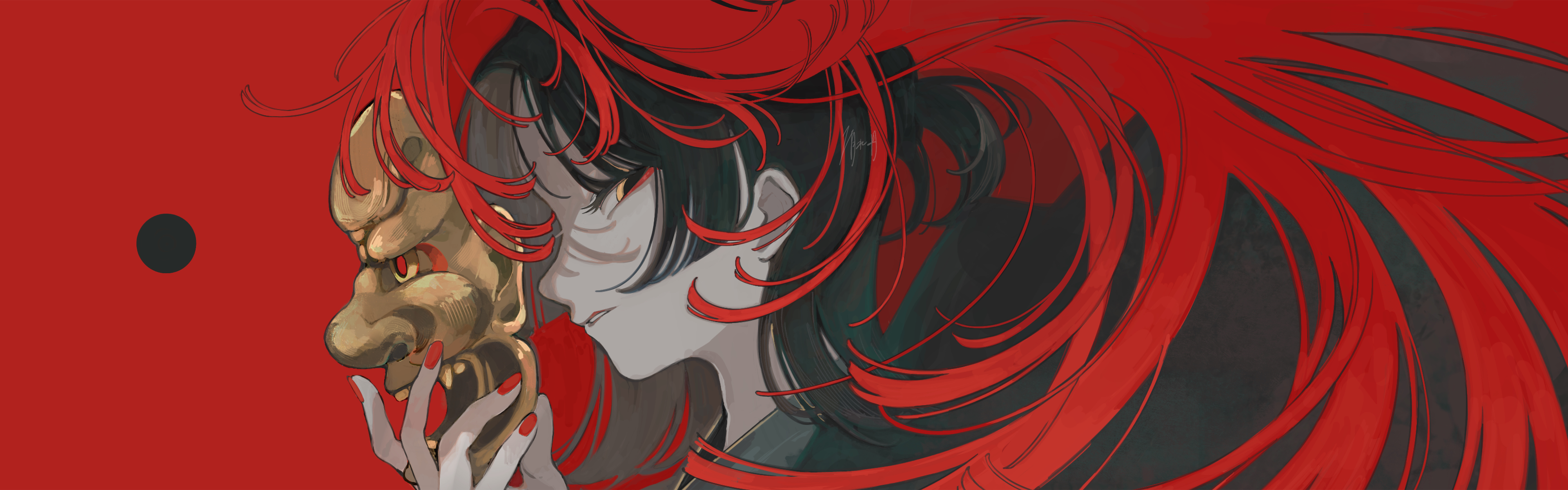 Anime girl with black hair and red accents HD Wallpaper