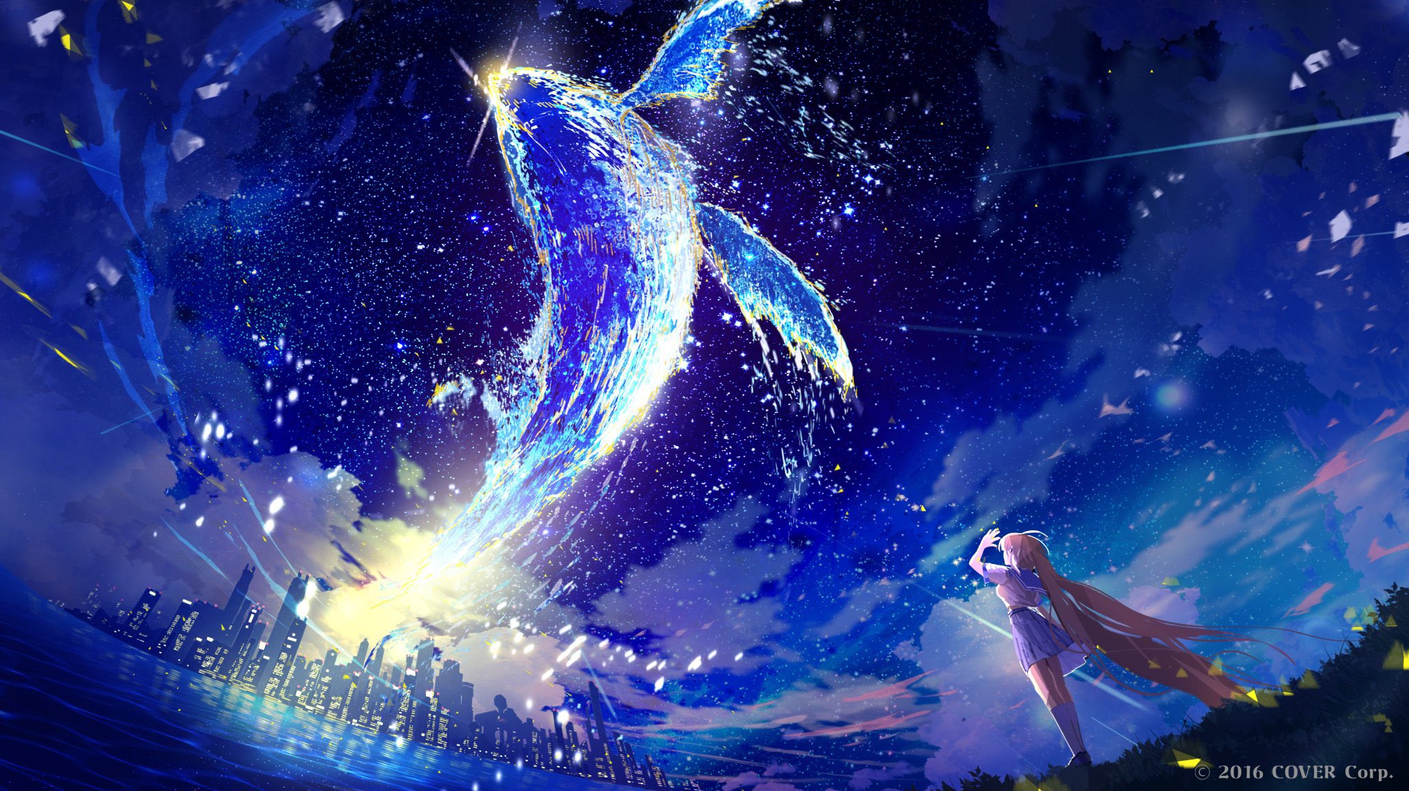 Nanashi Mumei and a cosmic whale over a city HD Wallpaper