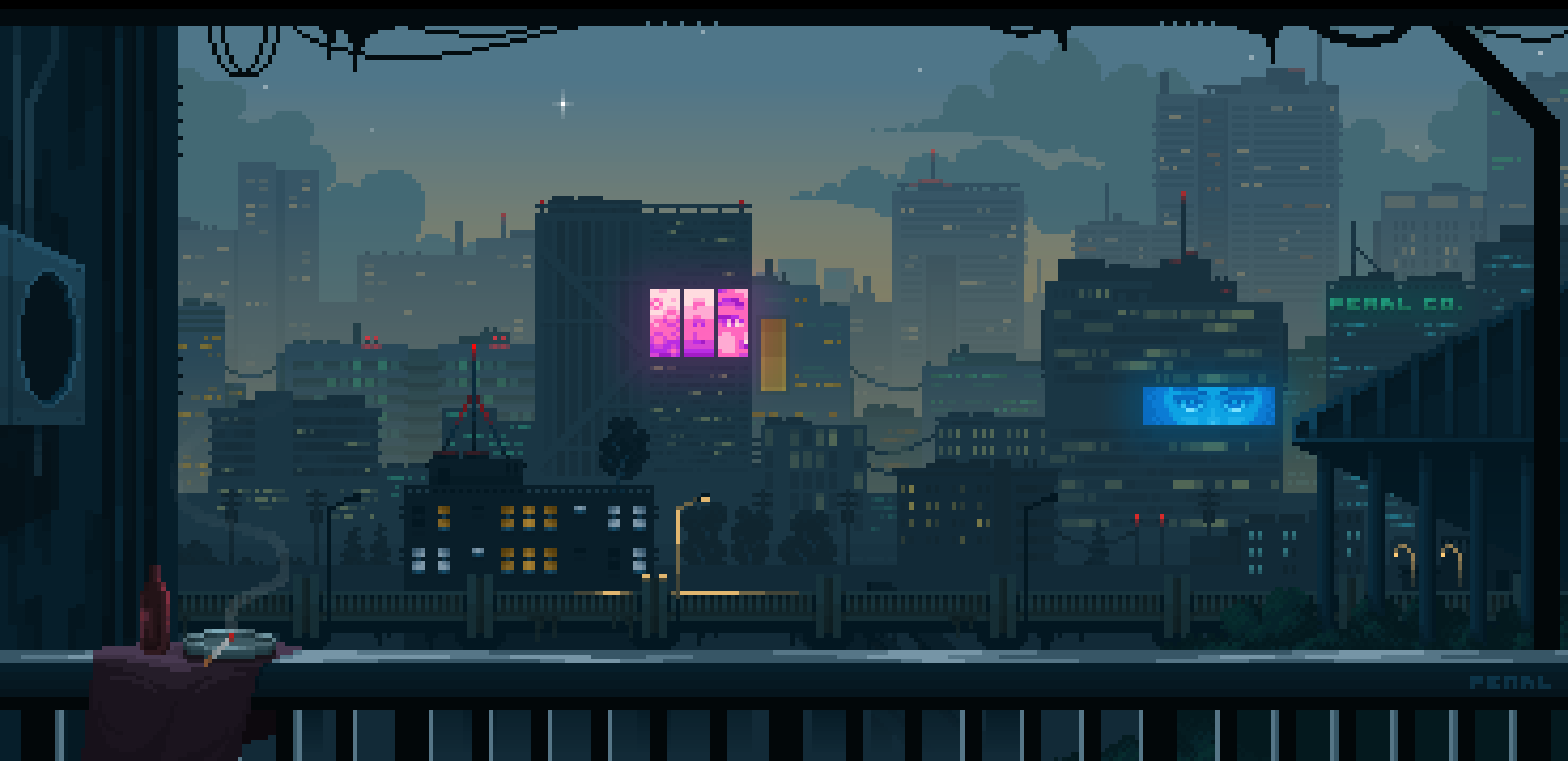 Pixel art cityscape at dusk with neon signs HD Wallpaper